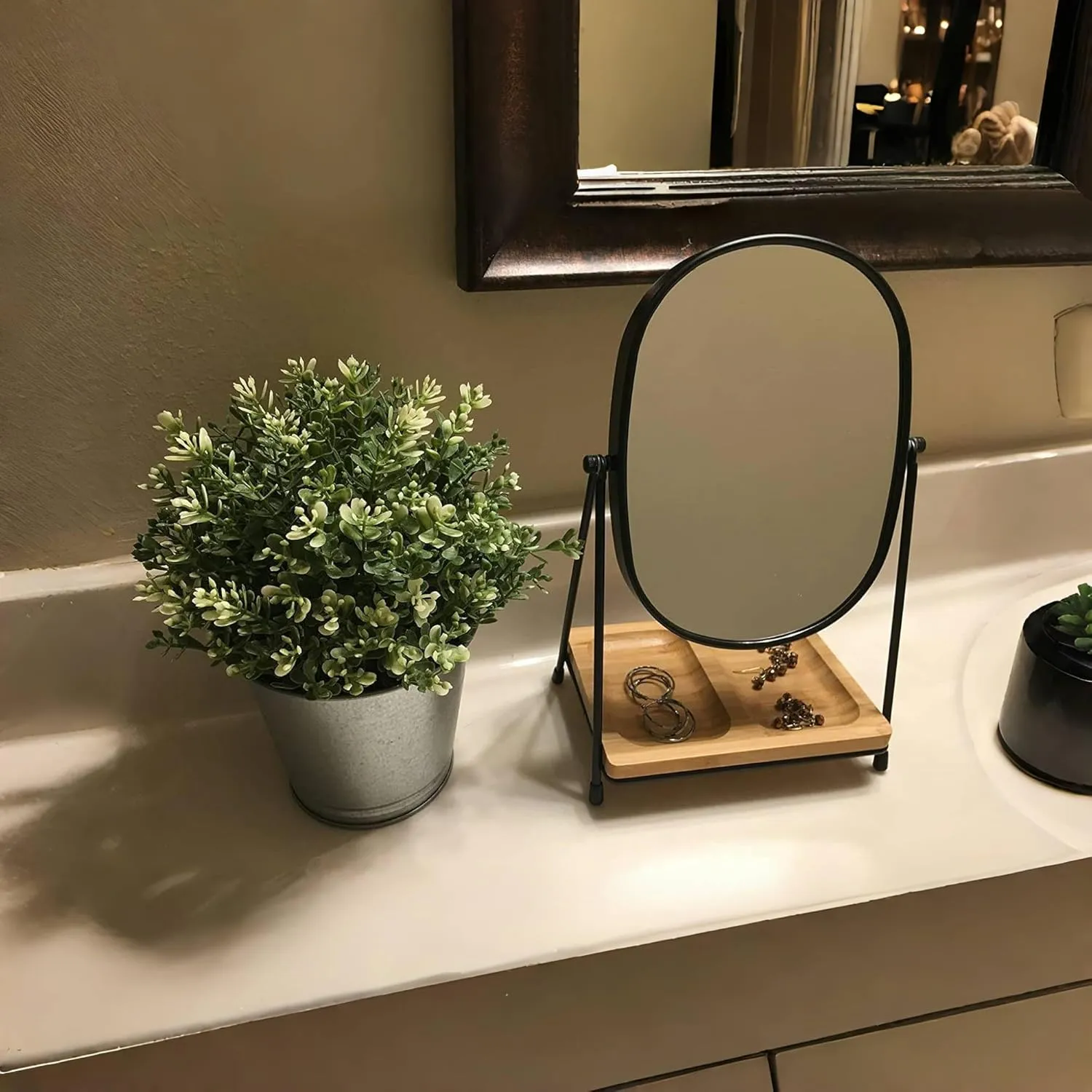 JOYOEIKON Tabletop 5x/1x Magnifying Makeup Mirror with Squared Bamboo Tray Small Desk Mirror 360° Rotation Vanity Mirror with Stand Desktop Cosmetic Mirror