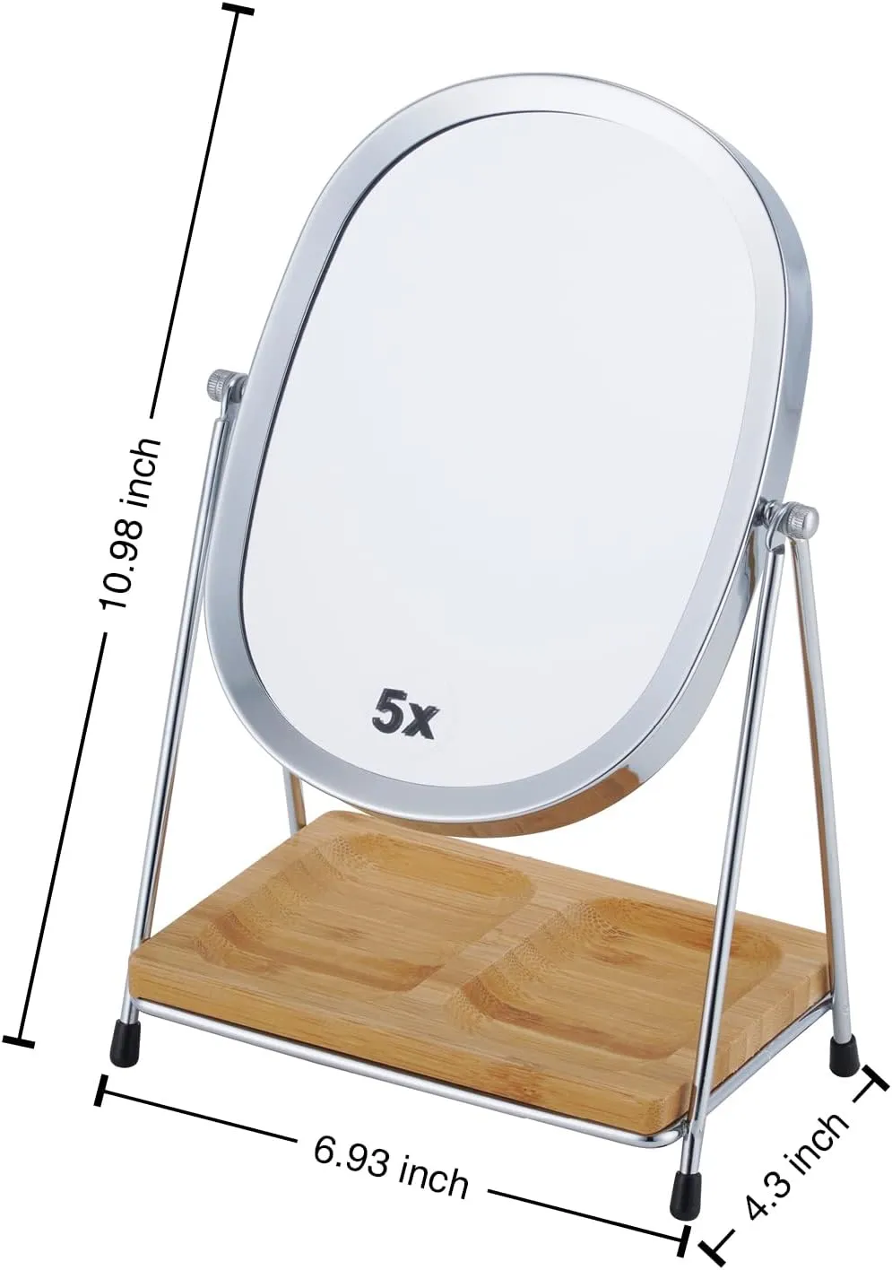 JOYOEIKON Tabletop 5x/1x Magnifying Makeup Mirror with Squared Bamboo Tray Small Desk Mirror 360° Rotation Vanity Mirror with Stand Desktop Cosmetic Mirror