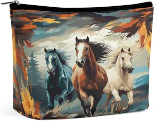 Large Capacity Makeup Bags for Women Portable Leather with Zipper Travelling Makeup Bag A Pattern with Horses As A Background Printed