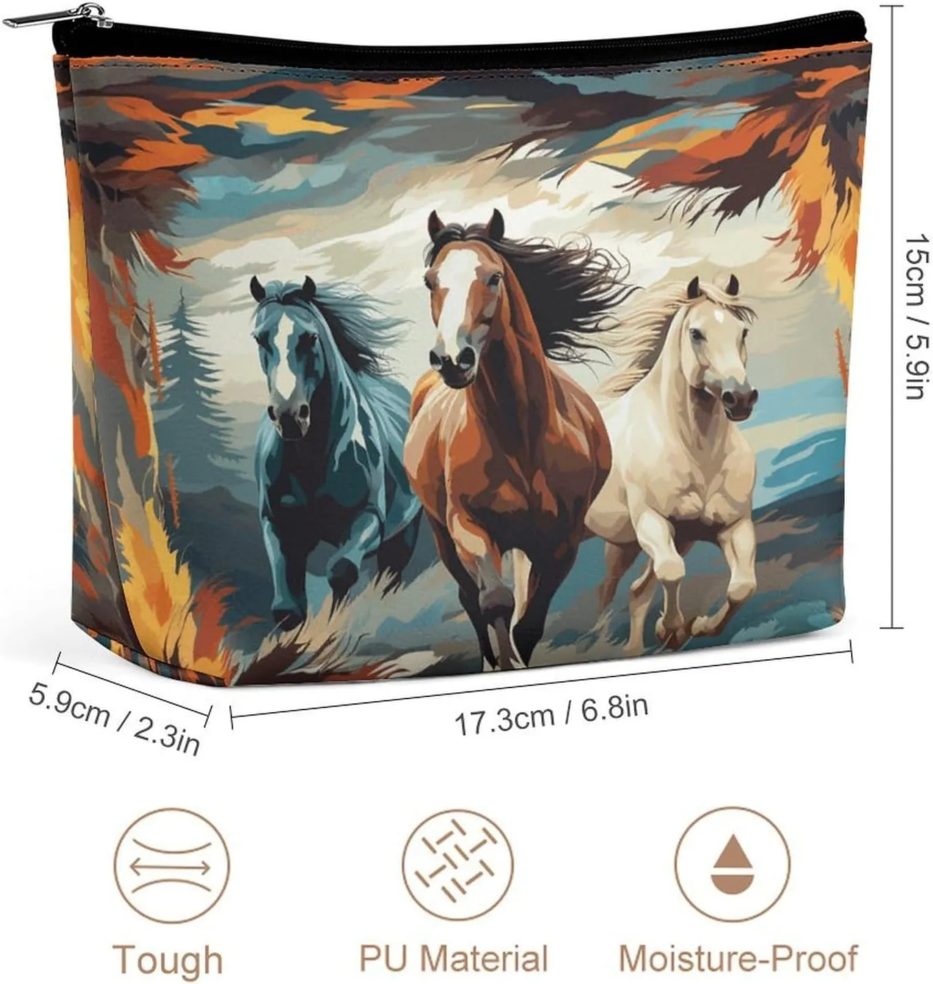Large Capacity Makeup Bags for Women Portable Leather with Zipper Travelling Makeup Bag A Pattern with Horses As A Background Printed