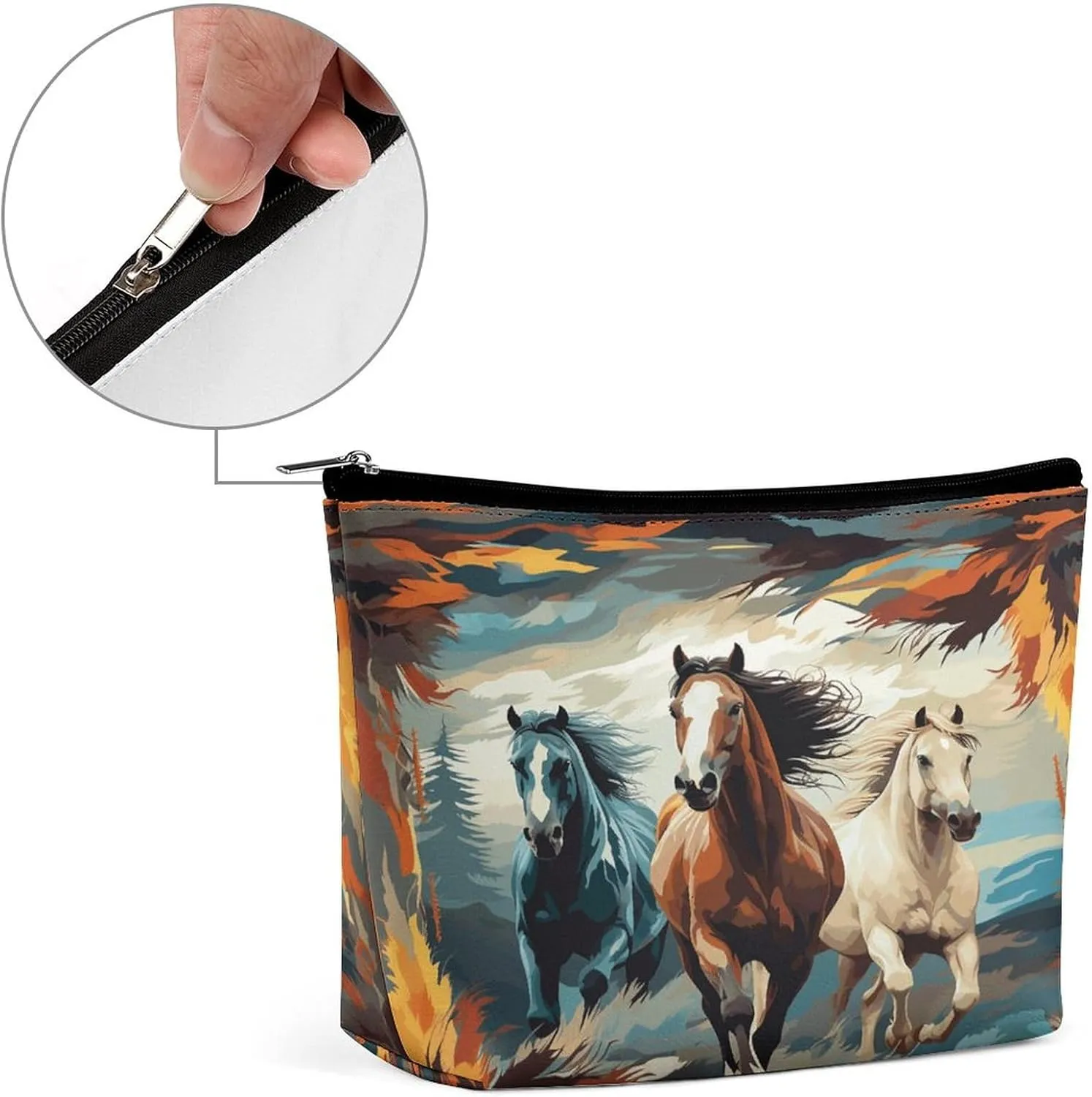 Large Capacity Makeup Bags for Women Portable Leather with Zipper Travelling Makeup Bag A Pattern with Horses As A Background Printed