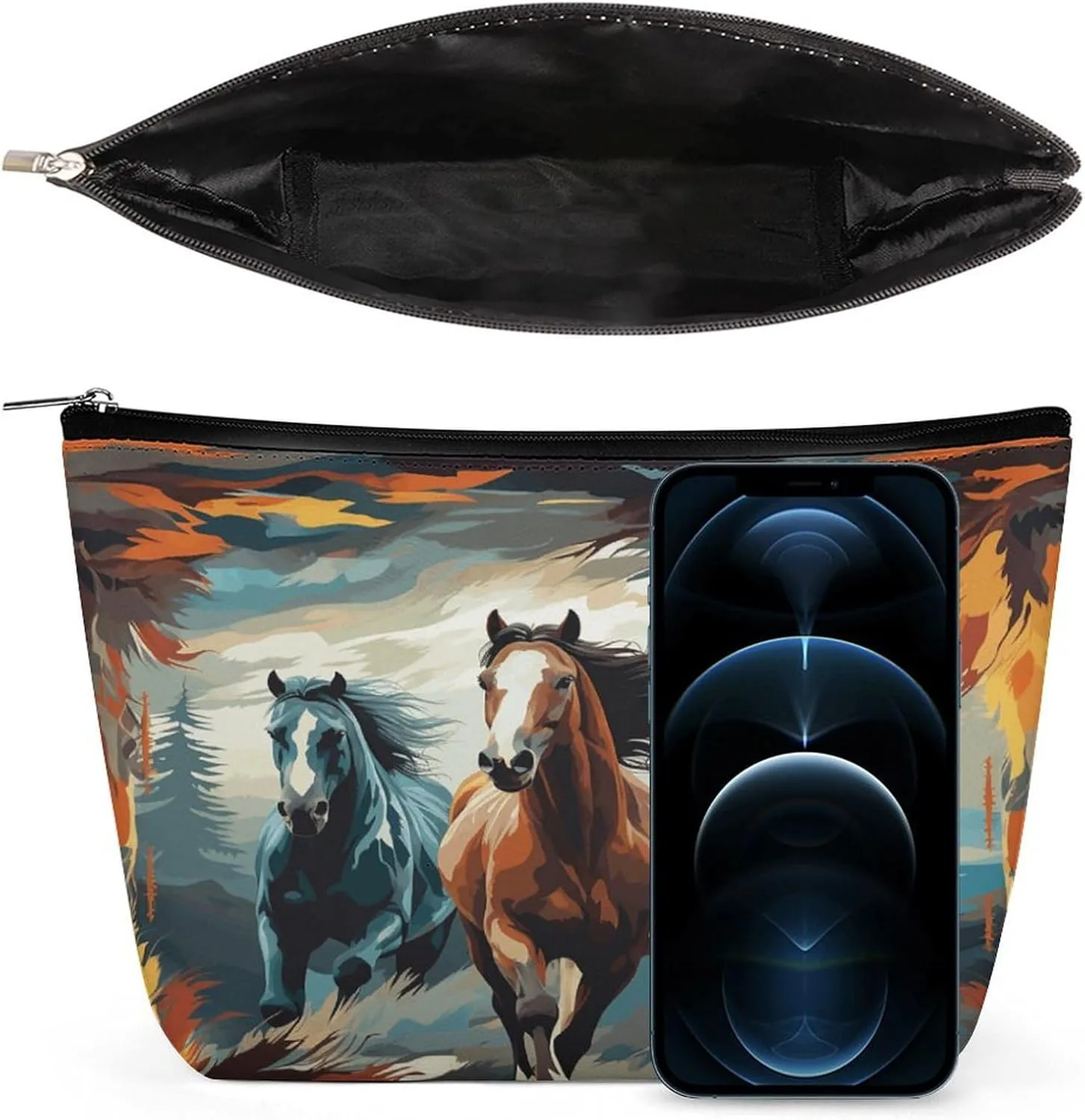 Large Capacity Makeup Bags for Women Portable Leather with Zipper Travelling Makeup Bag A Pattern with Horses As A Background Printed
