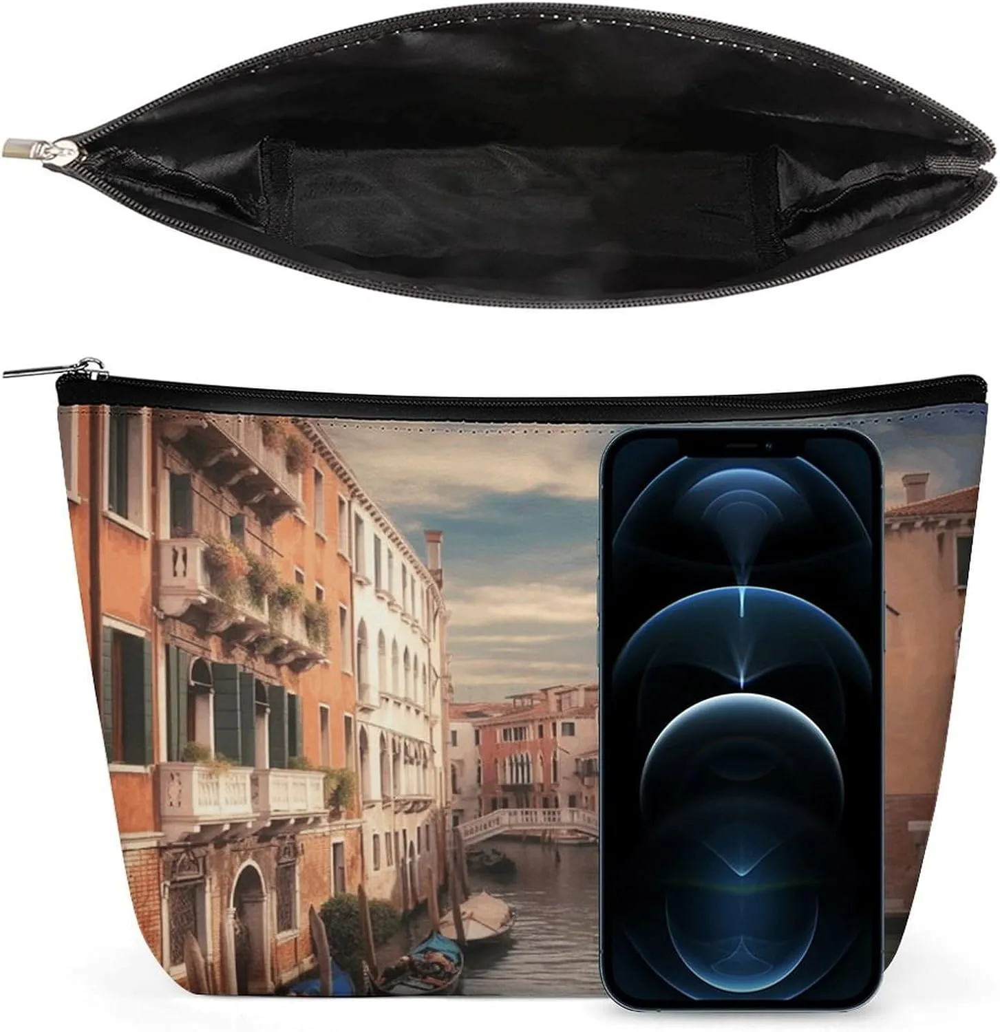 Large Capacity Makeup Bags for Women Portable Leather with Zipper Travelling Makeup Bag Beautiful Venice Canal View Printed