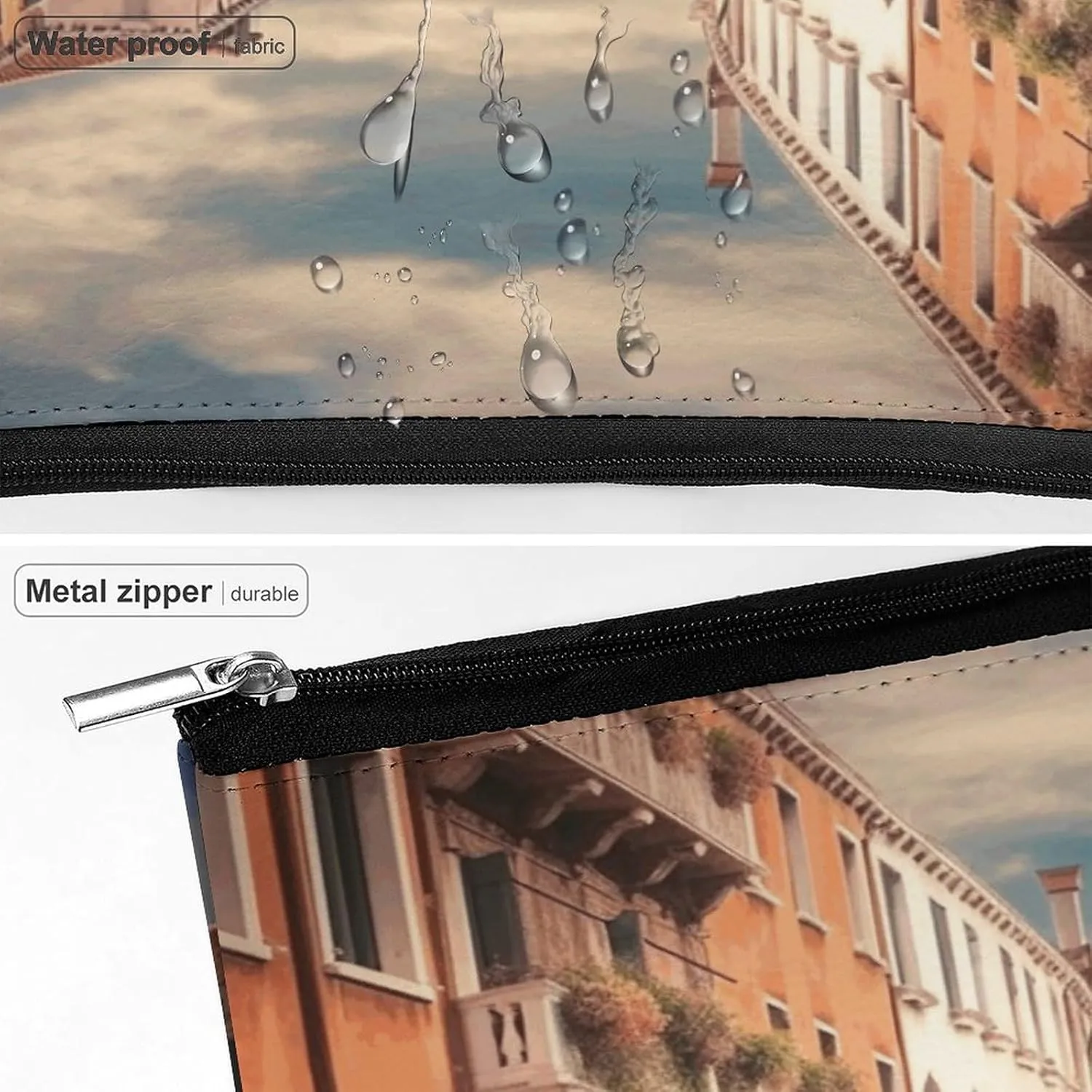 Large Capacity Makeup Bags for Women Portable Leather with Zipper Travelling Makeup Bag Beautiful Venice Canal View Printed