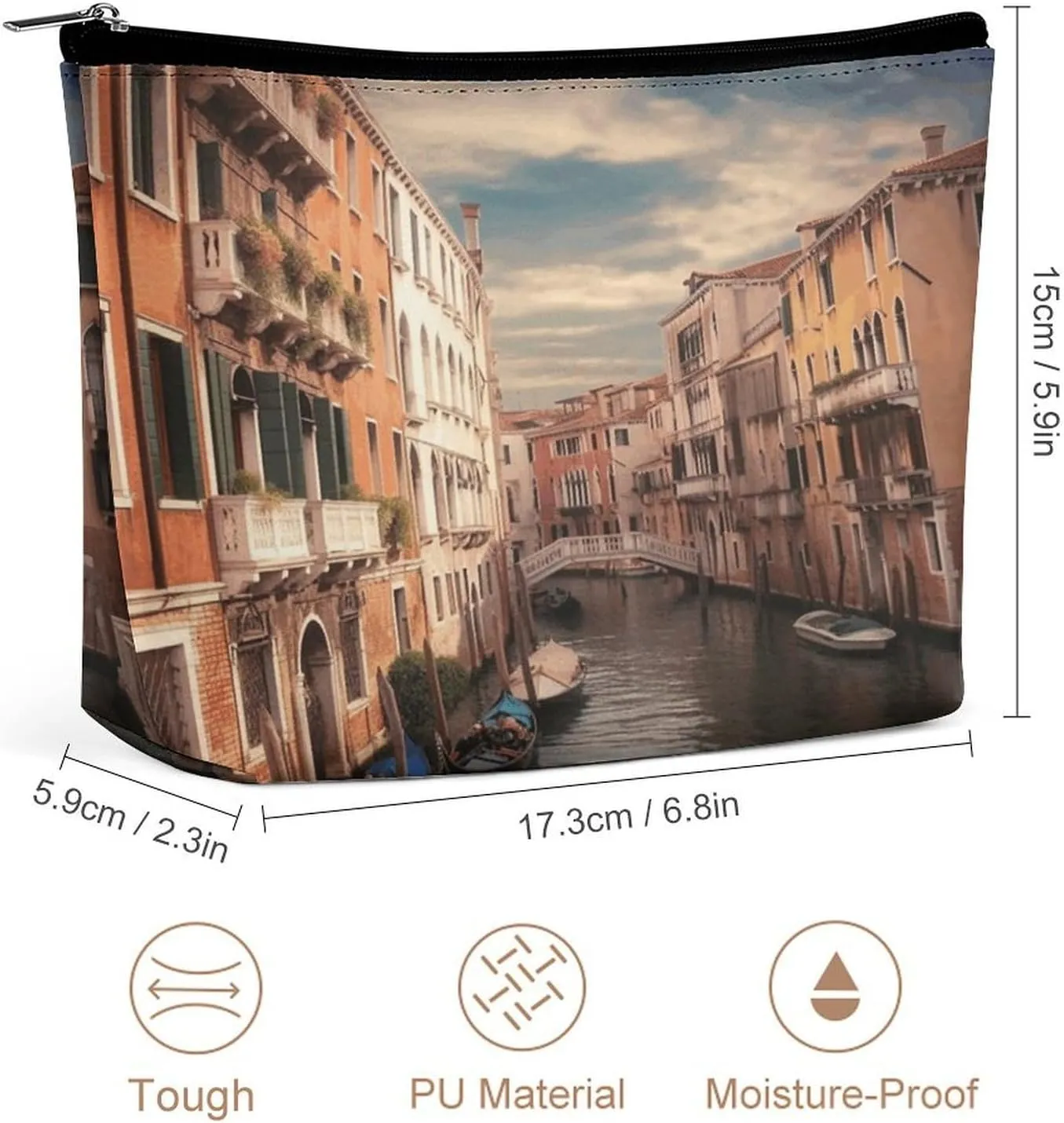 Large Capacity Makeup Bags for Women Portable Leather with Zipper Travelling Makeup Bag Beautiful Venice Canal View Printed