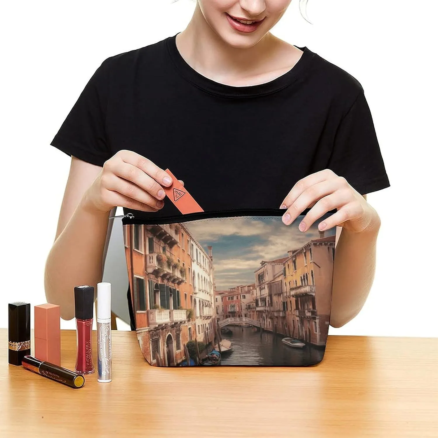 Large Capacity Makeup Bags for Women Portable Leather with Zipper Travelling Makeup Bag Beautiful Venice Canal View Printed