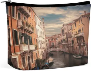 Large Capacity Makeup Bags for Women Portable Leather with Zipper Travelling Makeup Bag Beautiful Venice Canal View Printed