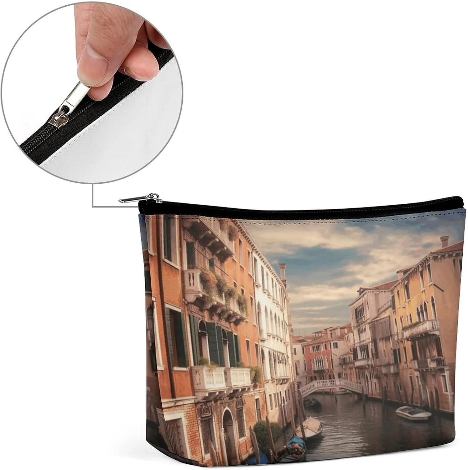 Large Capacity Makeup Bags for Women Portable Leather with Zipper Travelling Makeup Bag Beautiful Venice Canal View Printed