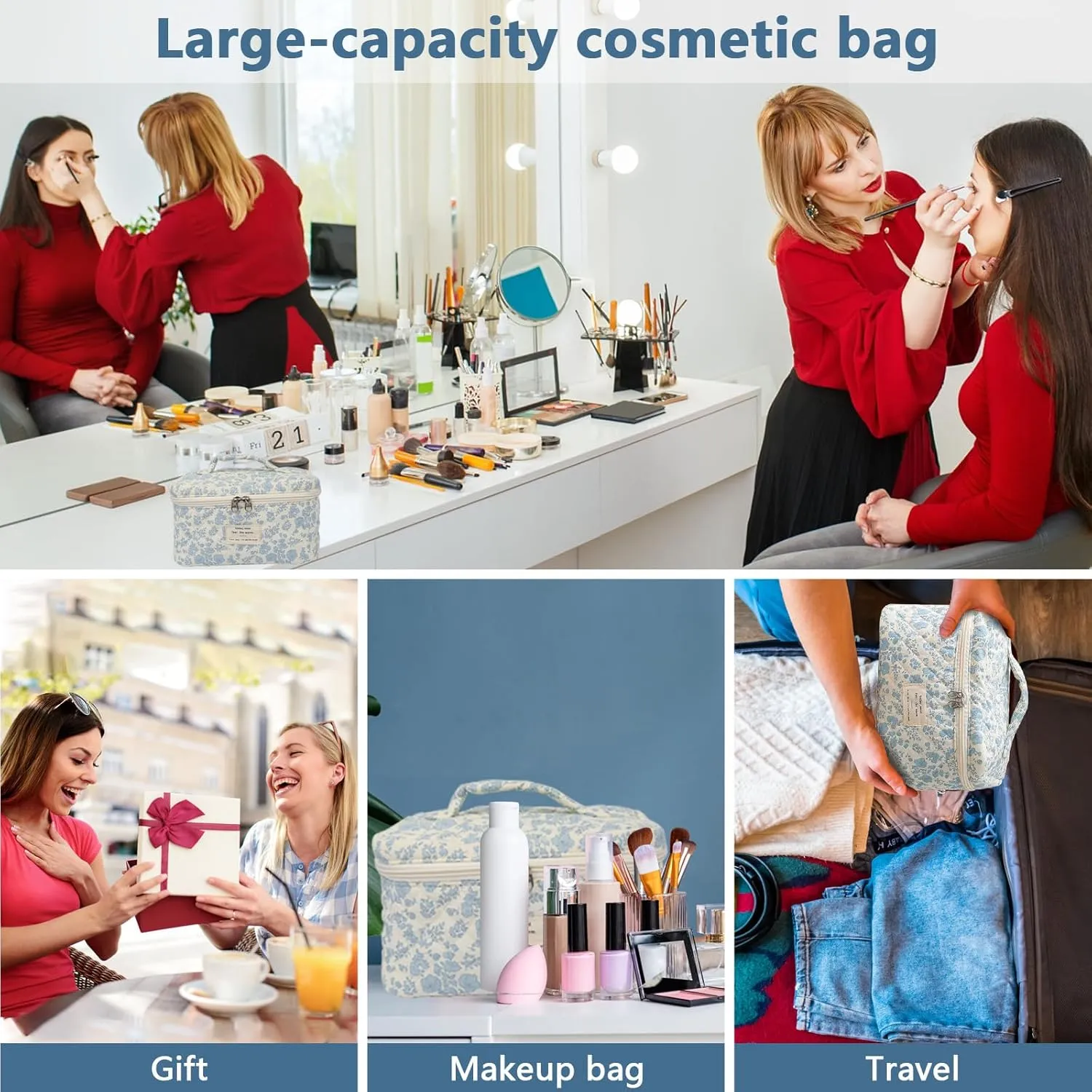 Large Makeup Bag, Cute Cosmetic Bag for Women Girls, Floral Coquette Aesthetic Toiletry Bag, Travel Make Up Organizer Bag (Rose Plaid Pattern)