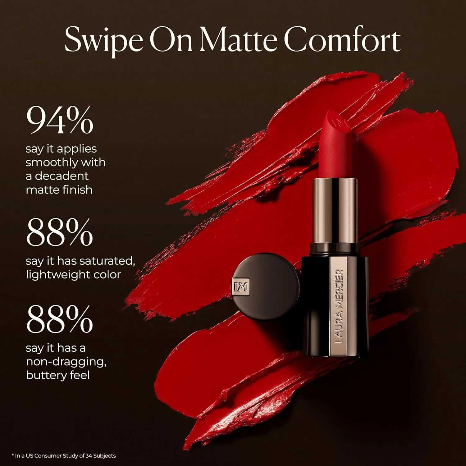 Laura Mercier Caviar Smoothing Matte Lipstick, 16HR Hydration, Long Lasting Wear, High Impact Color, Smudge- & Transfer-Proof, Hyaluronic Acid and Vitamin E Infused