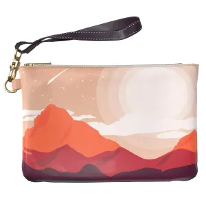 Makeup Bag 9.5 x 6 inch Cosmetic Graphics Strap Accessories Sun Portable Organizer Design Storage Red Unique Purse Pouch Print PU Leather Toiletry Zipper Travel Case Artistic Alps Mountains