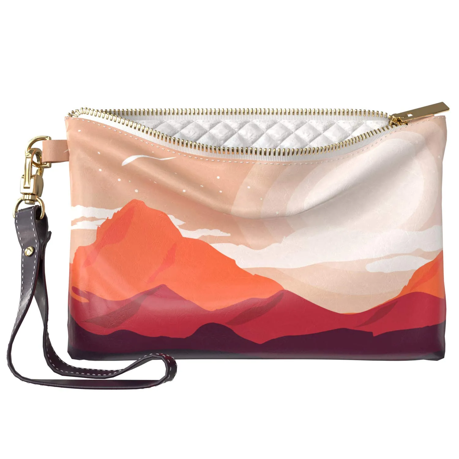 Makeup Bag 9.5 x 6 inch Cosmetic Graphics Strap Accessories Sun Portable Organizer Design Storage Red Unique Purse Pouch Print PU Leather Toiletry Zipper Travel Case Artistic Alps Mountains