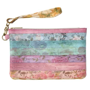 Makeup Bag 9.5 x 6 inch Pattern Roses Print PU Leather Toiletry Zipper Travel Case Purse Pouch Portable Organizer Design Pink Colorful Cosmetic Floral Storage Flowers Wood Strap Accessories