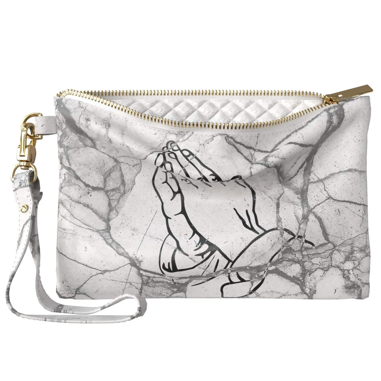 Makeup Bag 9.5 x 6 inch Storage Granite Pray Shadow Gray Black Strap Accessories Marble Portable Organizer Design Purse Pouch White Cosmetic Print PU Leather Toiletry Zipper Travel Case Prayer