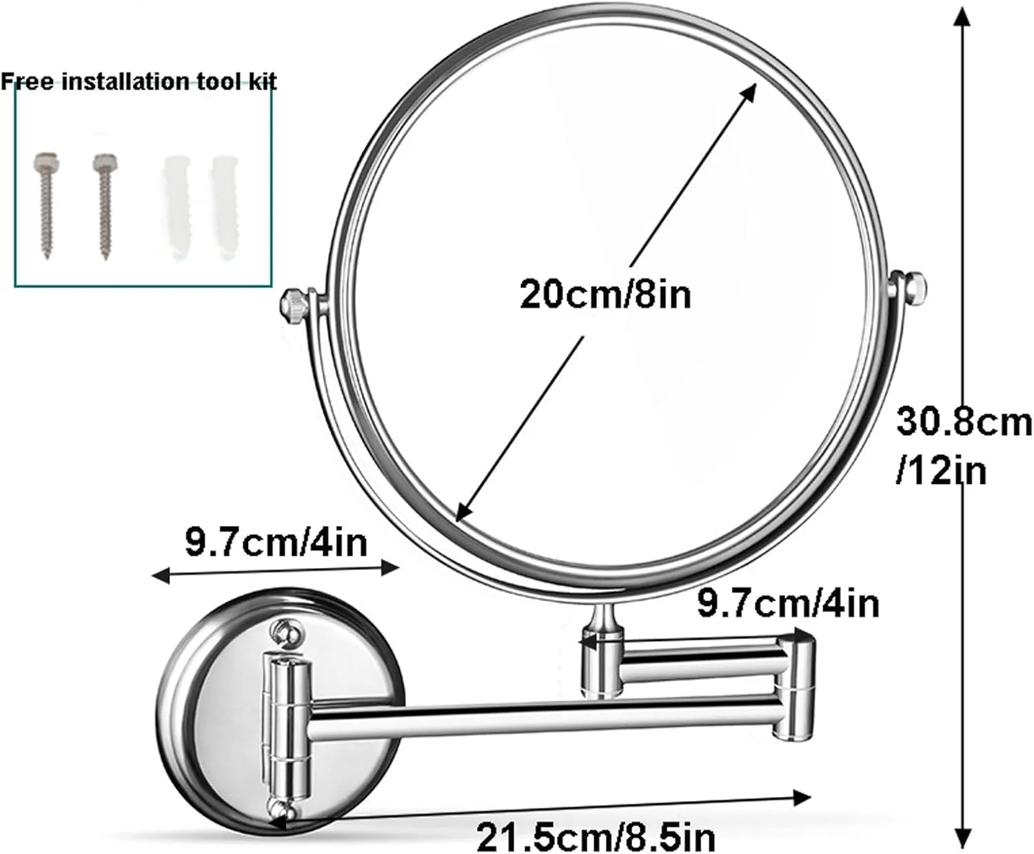Makeup Mirror Magnification Wall Mounted, Makeup Mirror Wall Mounted Extra Long Arm, 360° Swivel Extend and Fold Magnifying Mirror Adjustable, Double Sided Bathroom Shaving Mirror
