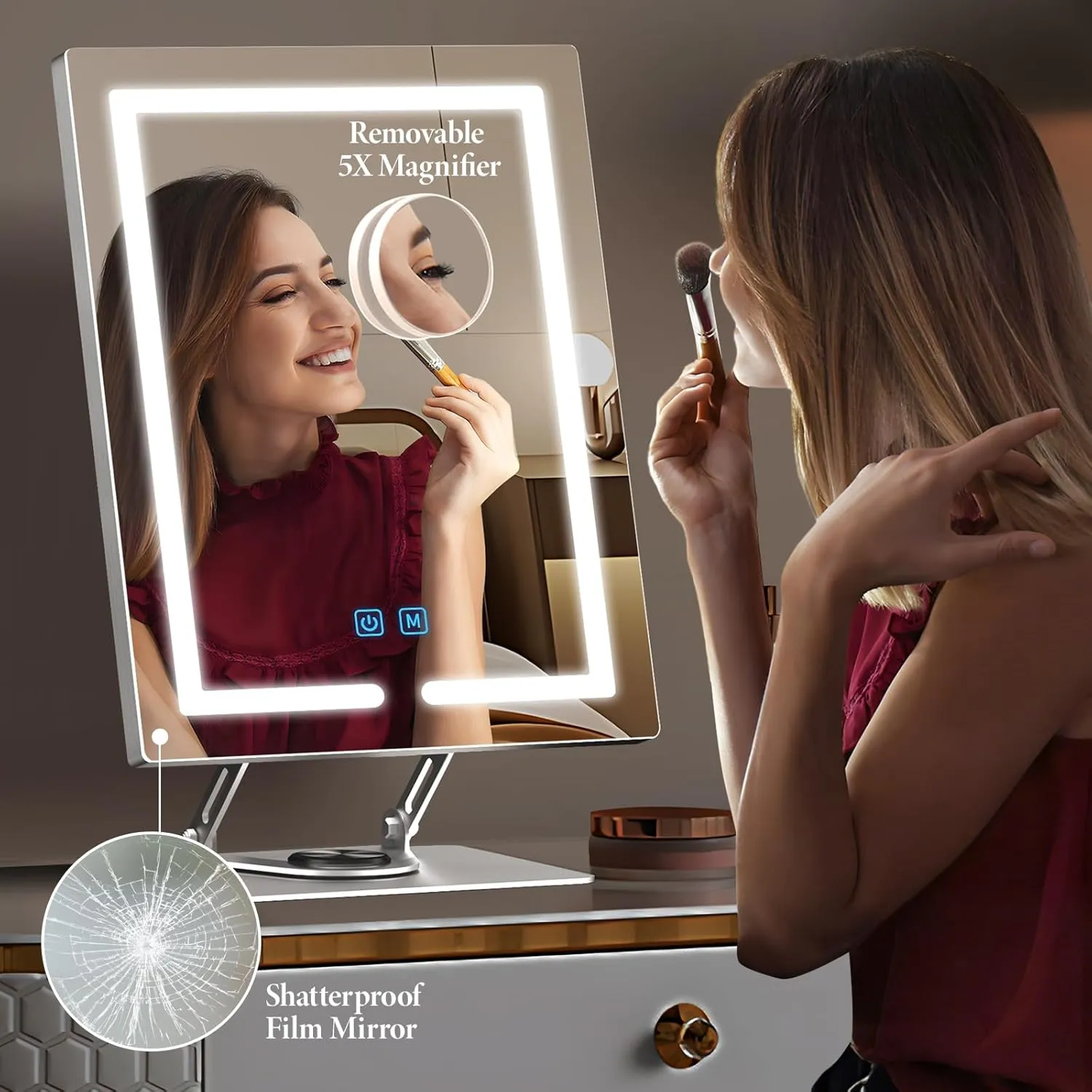 Makeup Mirror with Lights and 5X Magnification, 360°Rotation Lighted Makeup Mirror, Free Adjustable Angle and Height, Mirror with Lighting with Smart Touch for Bedroom Tabletop, Gift for Women