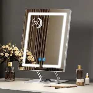 Makeup Mirror with Lights and 5X Magnification, 360°Rotation Lighted Makeup Mirror, Free Adjustable Angle and Height, Mirror with Lighting with Smart Touch for Bedroom Tabletop, Gift for Women