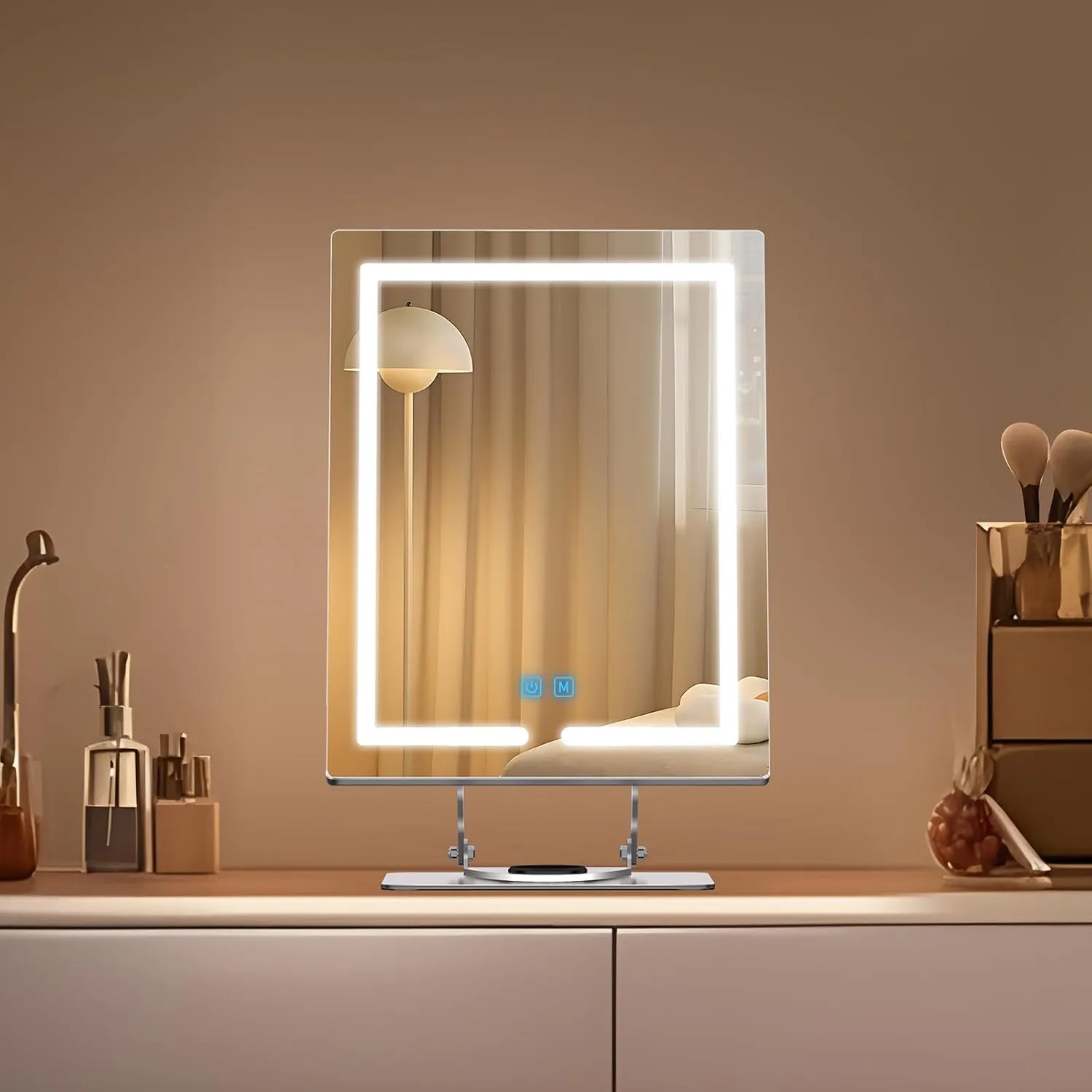 Makeup Mirror with Lights and 5X Magnification, 360°Rotation Lighted Makeup Mirror, Free Adjustable Angle and Height, Mirror with Lighting with Smart Touch for Bedroom Tabletop, Gift for Women