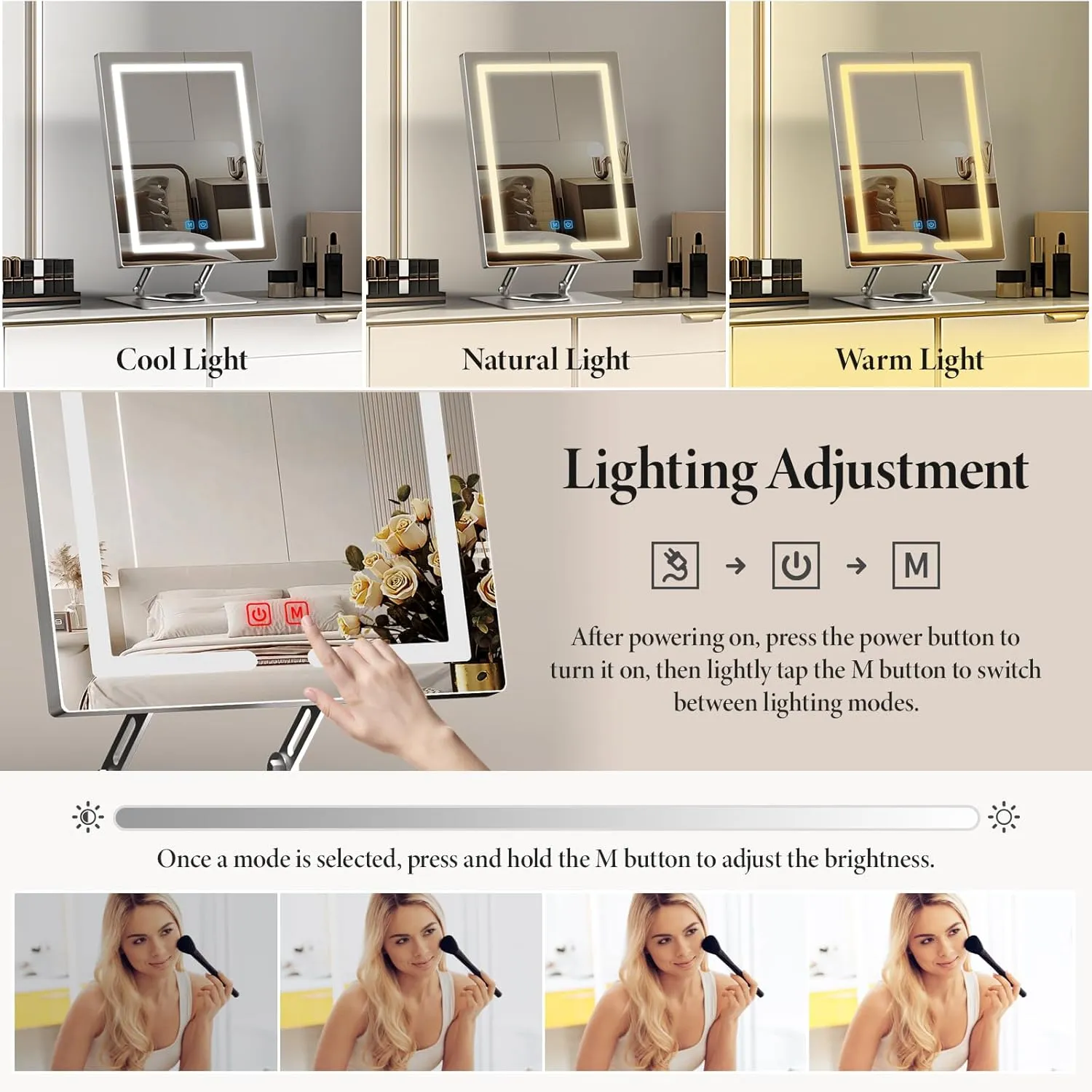 Makeup Mirror with Lights and 5X Magnification, 360°Rotation Lighted Makeup Mirror, Free Adjustable Angle and Height, Mirror with Lighting with Smart Touch for Bedroom Tabletop, Gift for Women