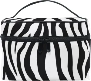 Makeup Train Case Zebra Animal Black White Print Light Summer Gold Korean Carrying Portable Zip Travel Cosmetic Brush Bag Organizer Large for Girls Women