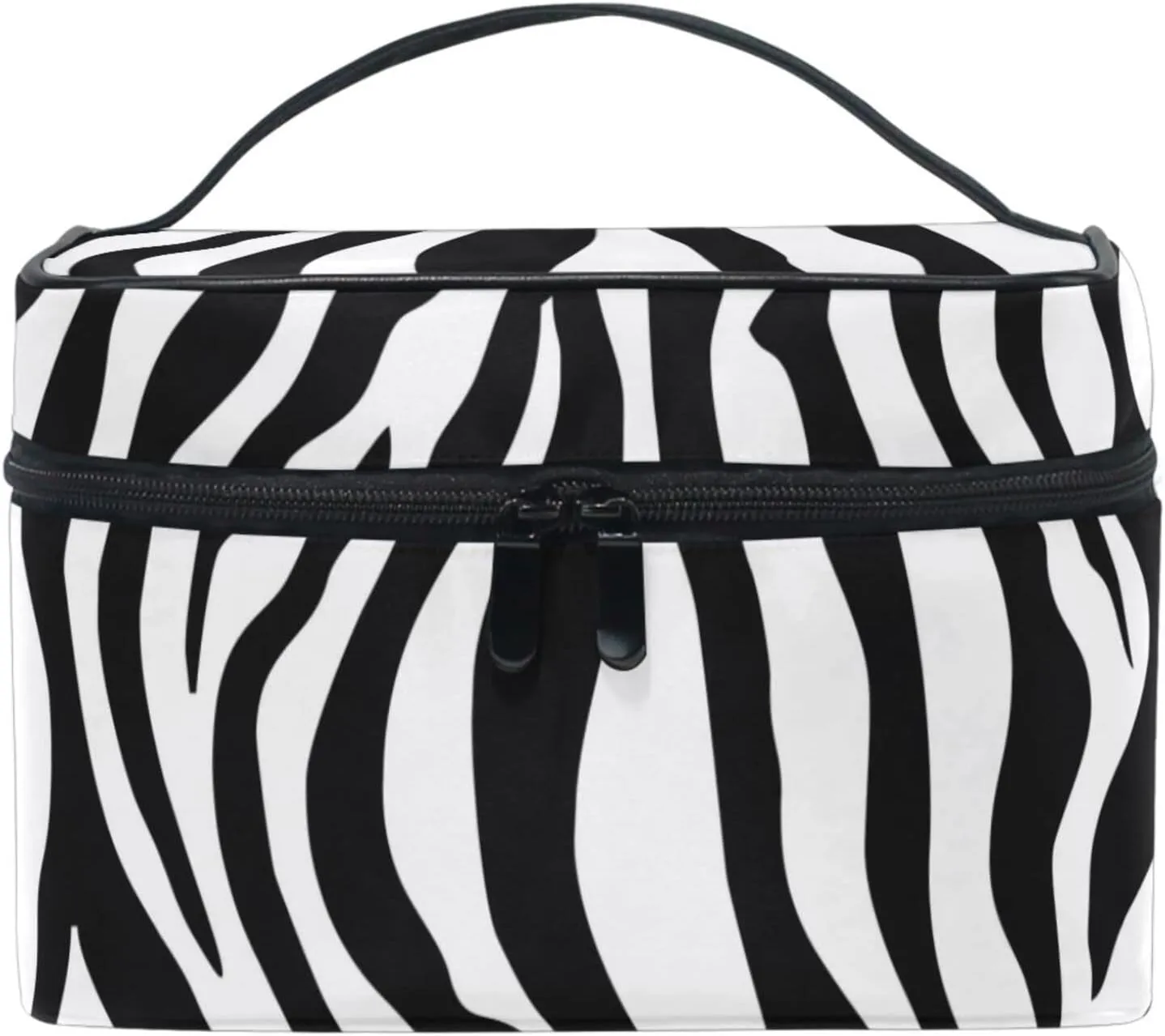 Makeup Train Case Zebra Animal Black White Print Light Summer Gold Korean Carrying Portable Zip Travel Cosmetic Brush Bag Organizer Large for Girls Women