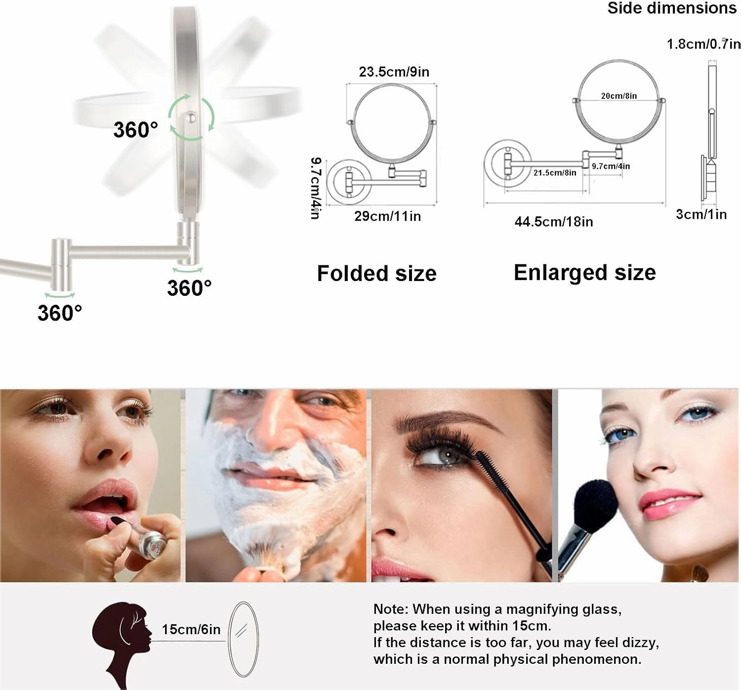 Makeup Mirror Magnification Wall Mounted, Makeup Mirror Wall Mounted Extra Long Arm, 360° Swivel Extend and Fold Magnifying Mirror Adjustable, Double Sided Bathroom Shaving Mirror