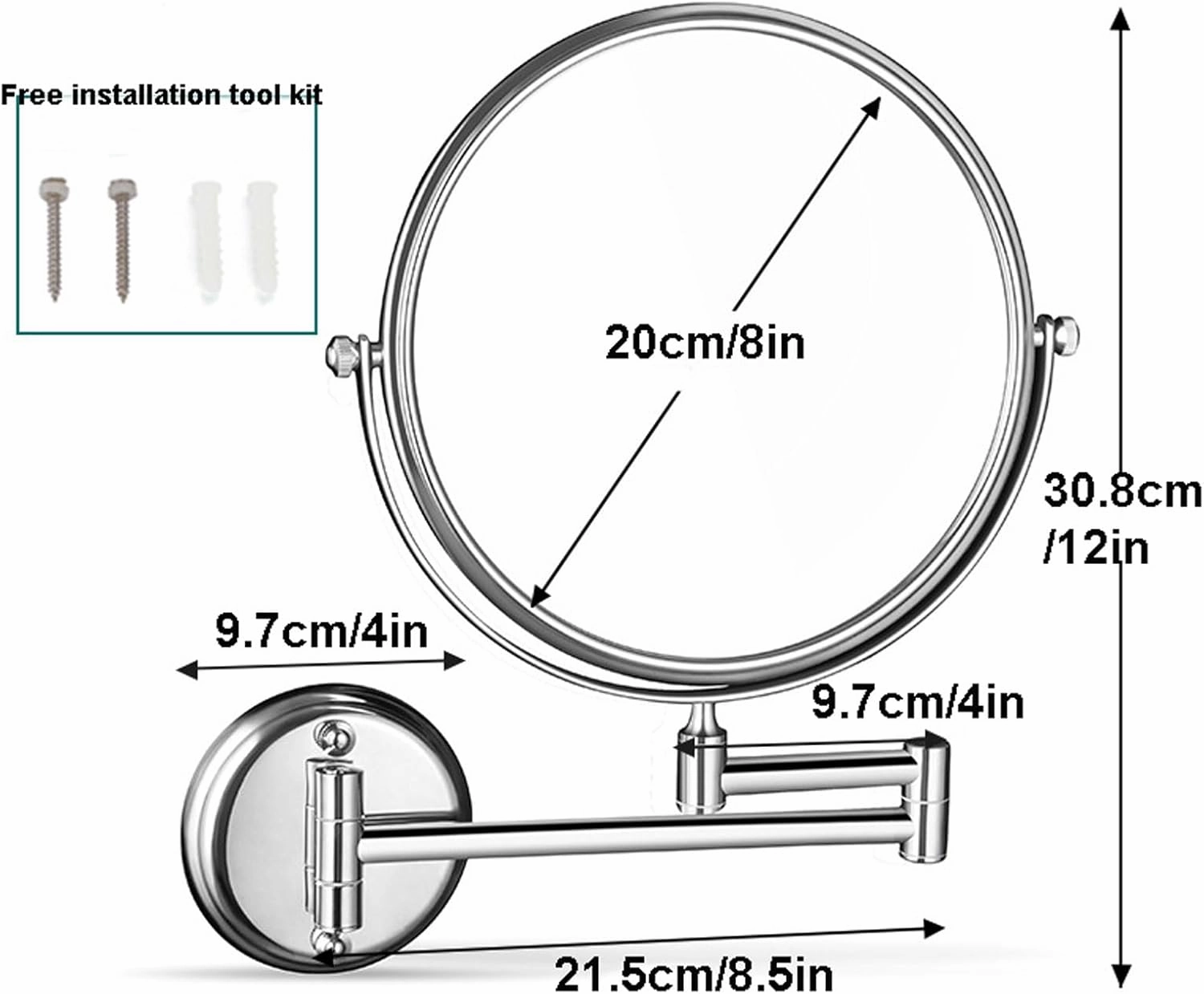 Makeup Mirror Magnification Wall Mounted, Makeup Mirror Wall Mounted Extra Long Arm, 360° Swivel Extend and Fold Magnifying Mirror Adjustable, Double Sided Bathroom Shaving Mirror