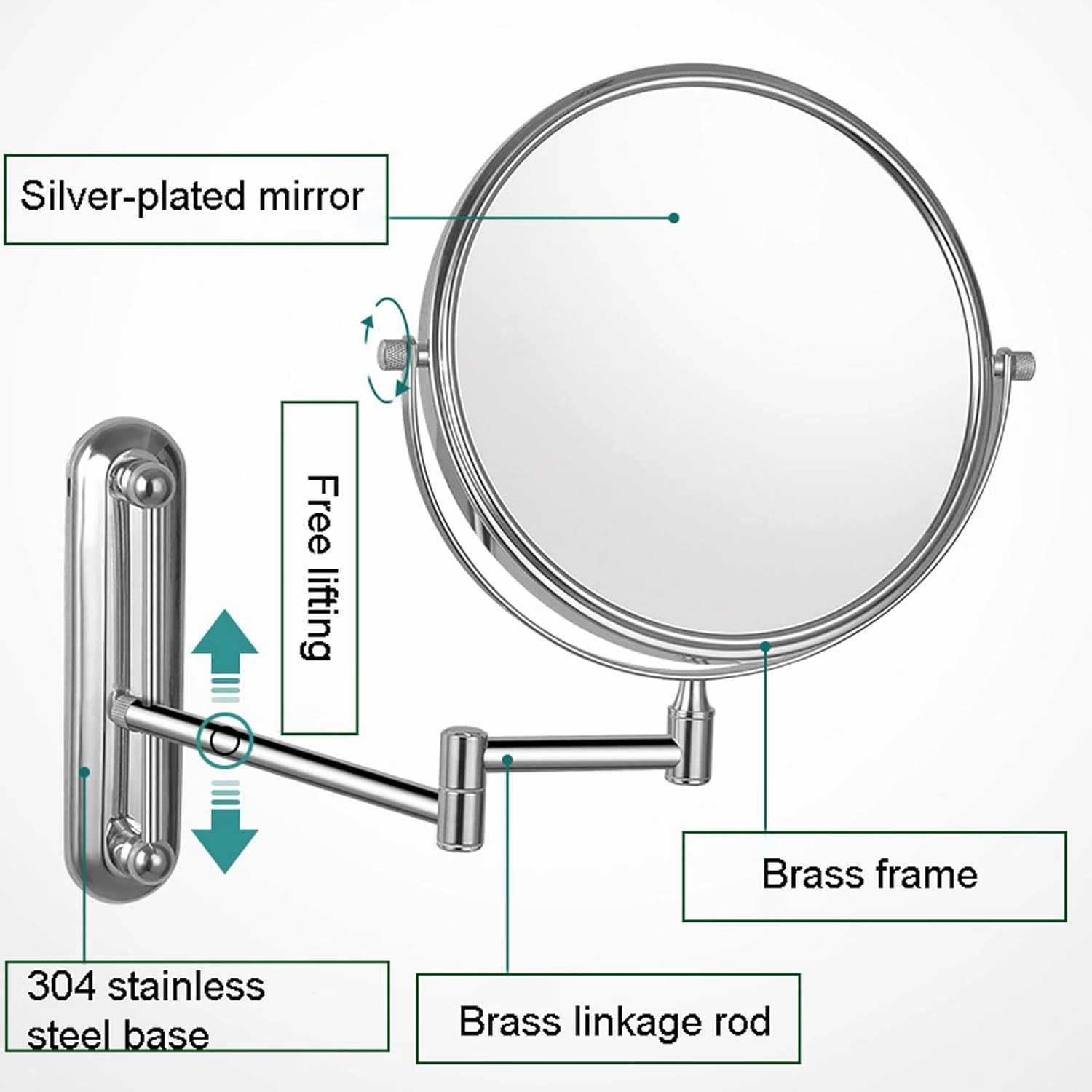 Makeup Mirror Wall Mounted Extra Long Arm, Cosmetic Mirror Magnification, Vanity Mirror 360° Swivel Extend and Fold, Double Sided Bathroom Shaving Mirror Magnifying Mirror Wall Mounted