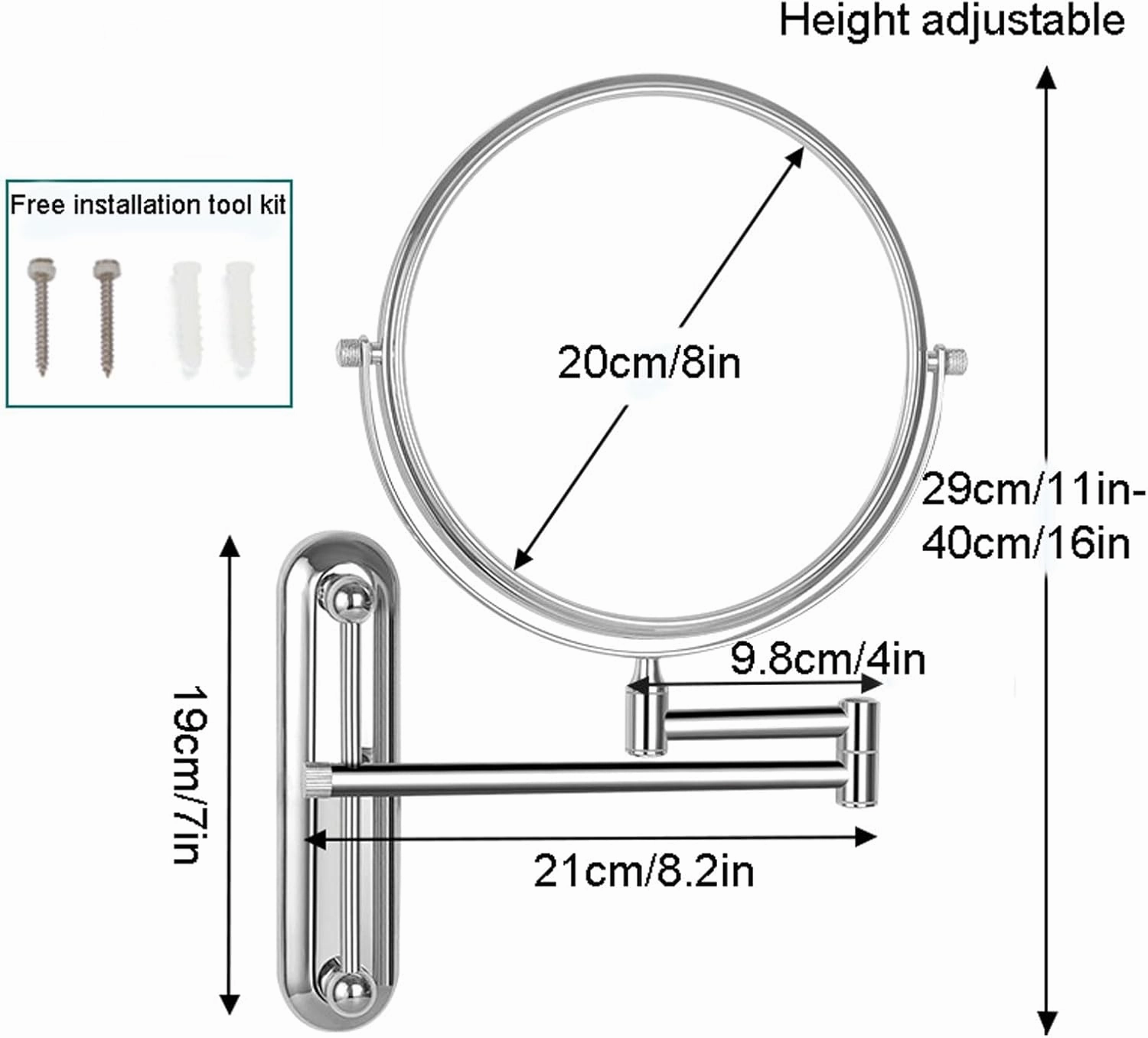 Makeup Mirror Wall Mounted Extra Long Arm, Cosmetic Mirror Magnification, Vanity Mirror 360° Swivel Extend and Fold, Double Sided Bathroom Shaving Mirror Magnifying Mirror Wall Mounted