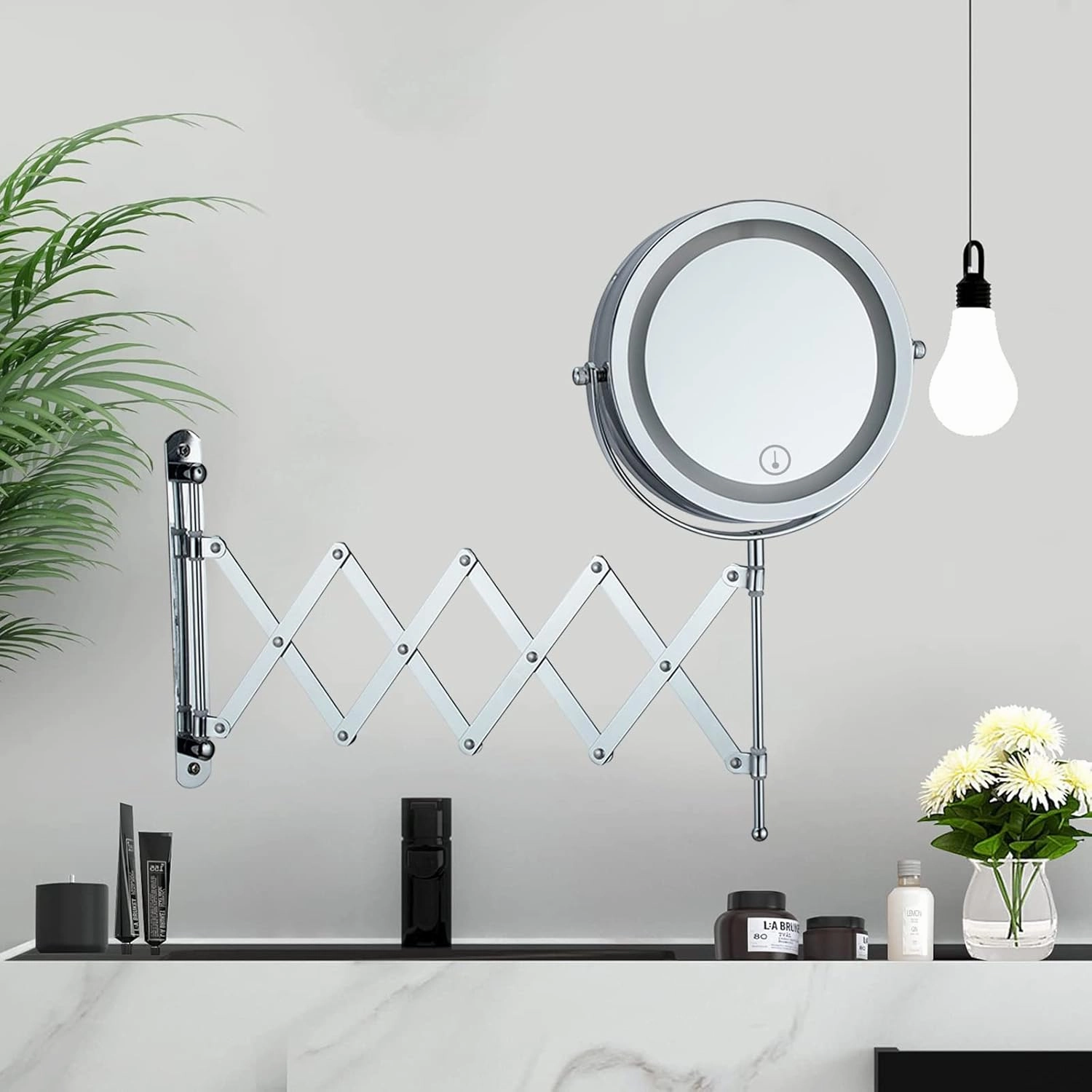 Makeup Mirror with Light, 7" Round Extendable Mirror Wall Mounted Magnifying Mirror Double-Sided Bathroom Shaving Mirror 360° Swivel Vanity Mirror, for Bathrrom, Charge by USB