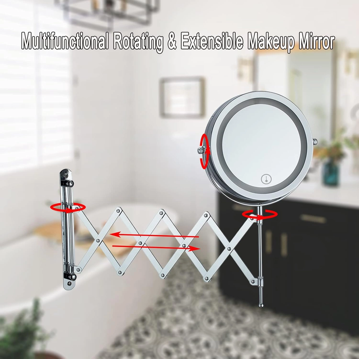 Makeup Mirror with Light, 7" Round Extendable Mirror Wall Mounted Magnifying Mirror Double-Sided Bathroom Shaving Mirror 360° Swivel Vanity Mirror, for Bathrrom, Charge by USB