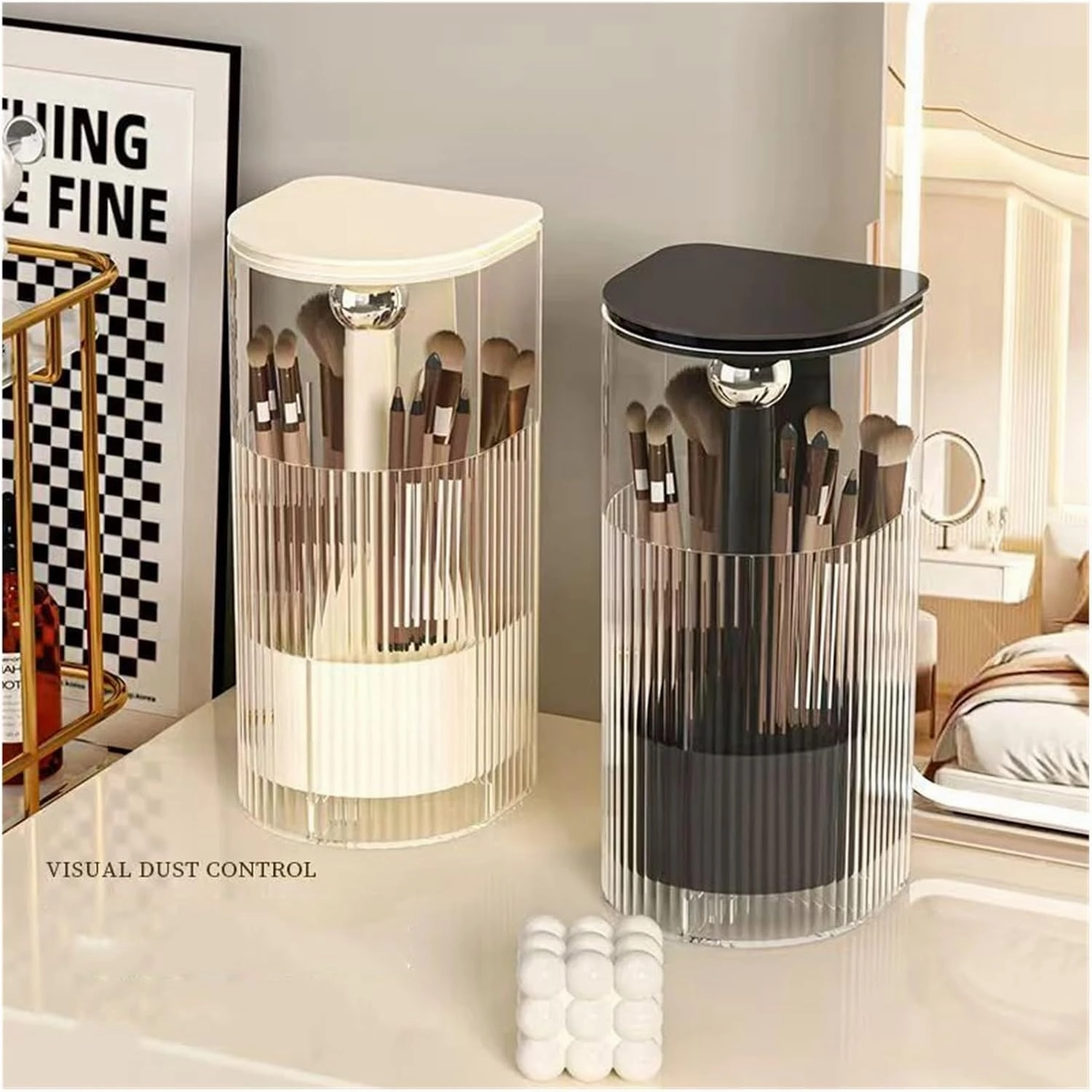 Makeup storage box, automatic lifting makeup brush holder with cover cosmetic storage box, for makeup brushes, lipstick cosmetic storage box(Cream silver A)