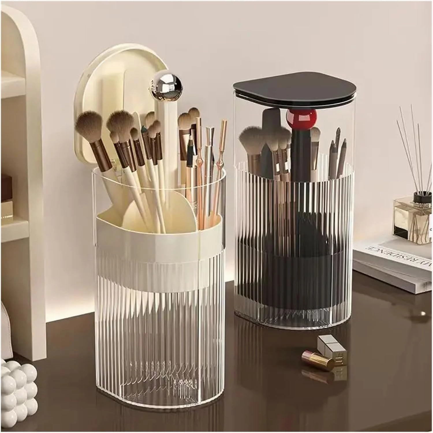 Makeup storage box, automatic lifting makeup brush holder with cover cosmetic storage box, for makeup brushes, lipstick cosmetic storage box(Cream silver A)