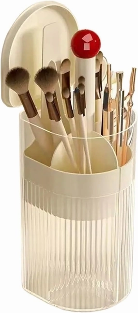 Makeup storage box, automatic lifting makeup brush holder with cover cosmetic storage box, for makeup brushes, lipstick cosmetic storage box(Cream silver A)