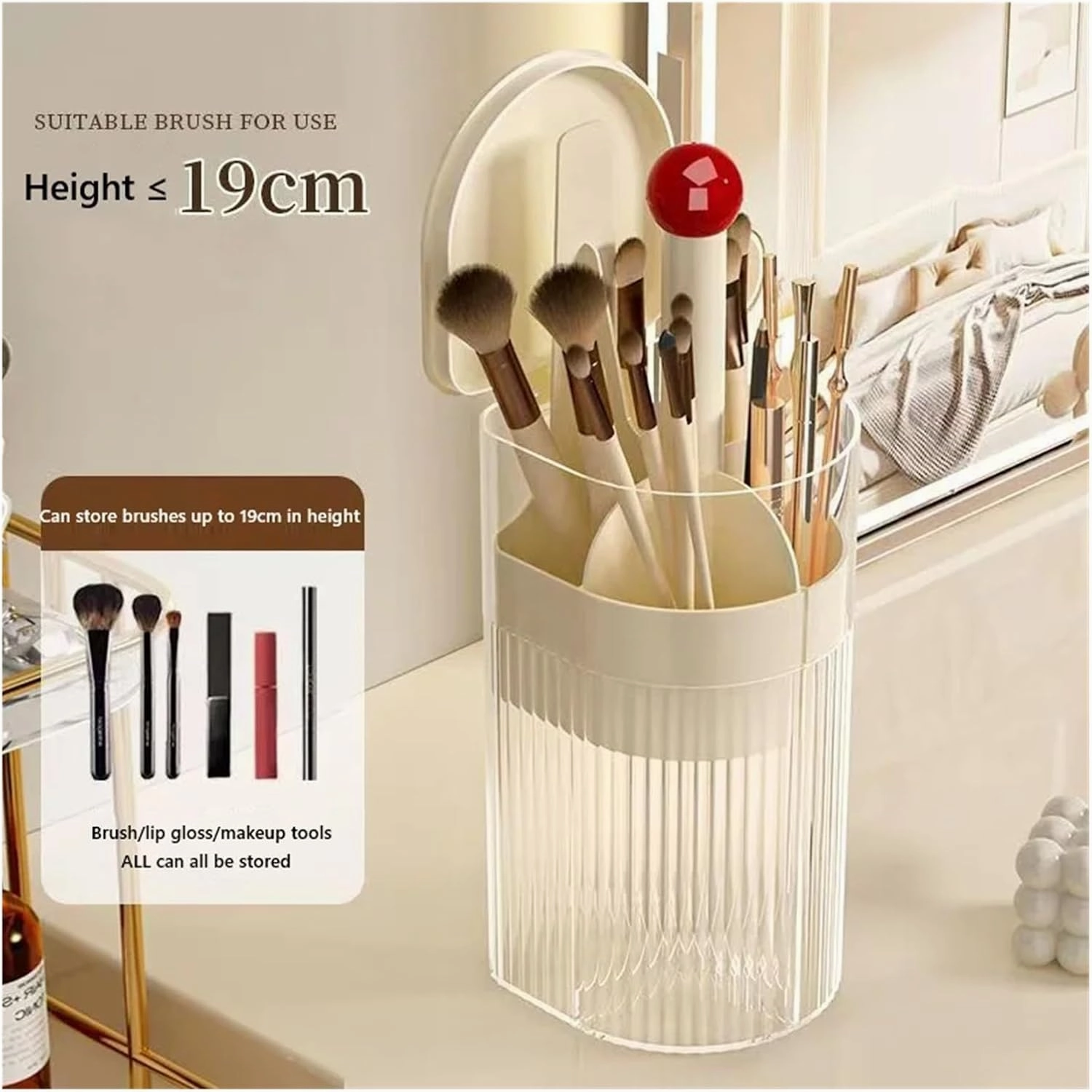 Makeup storage box, automatic lifting makeup brush holder with cover cosmetic storage box, for makeup brushes, lipstick cosmetic storage box(Cream silver A)