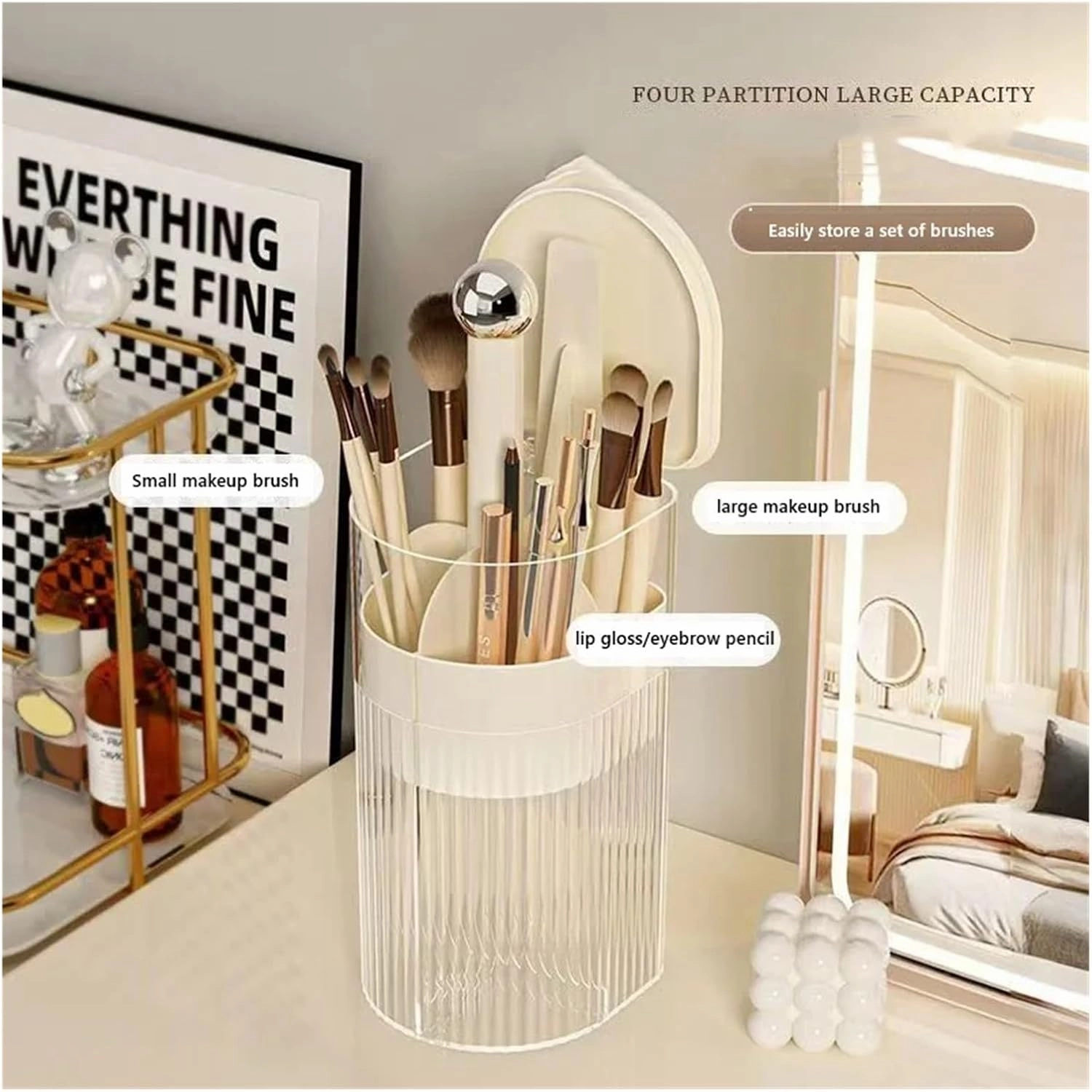 Makeup storage box, automatic lifting makeup brush holder with cover cosmetic storage box, for makeup brushes, lipstick cosmetic storage box(Cream silver A)