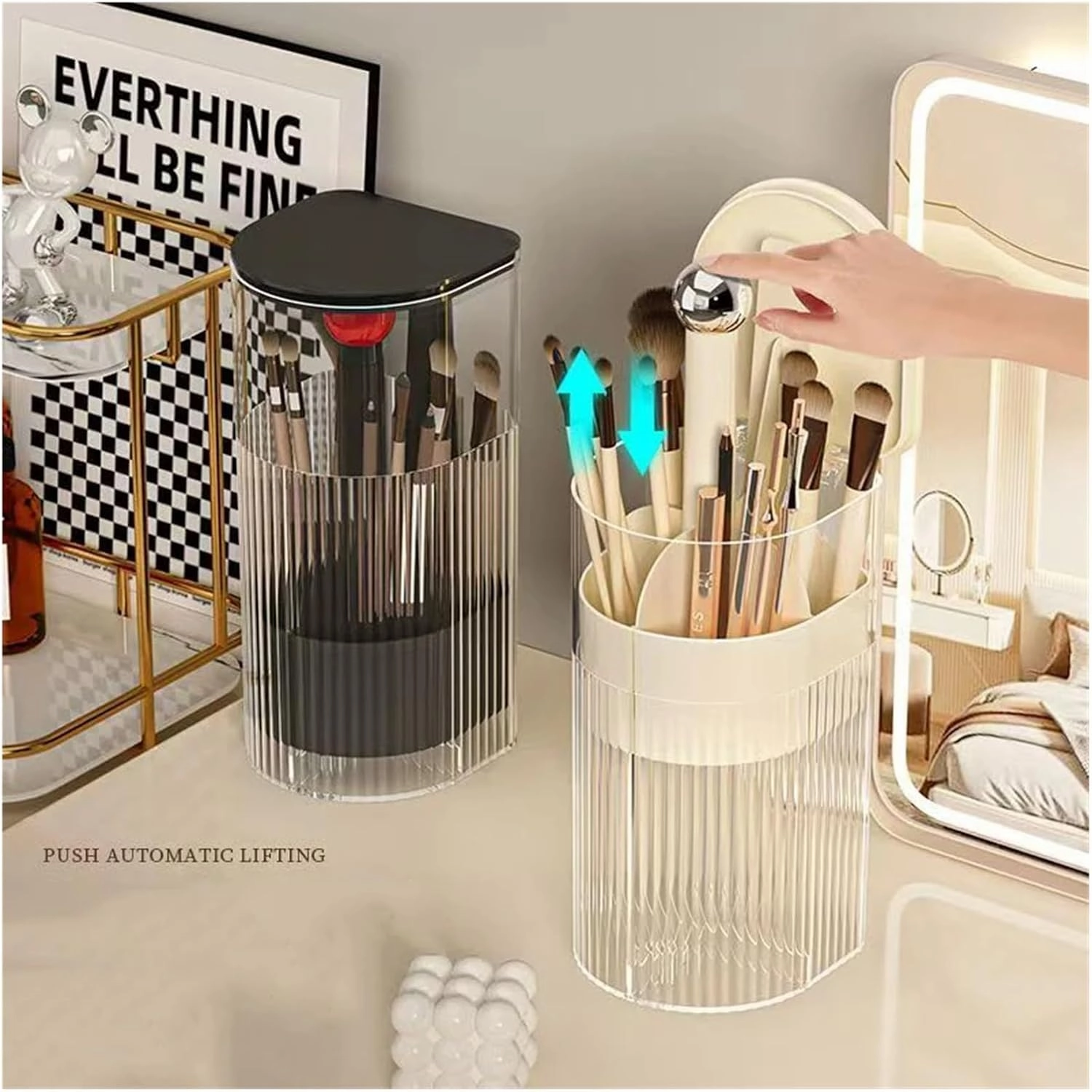 Makeup storage box, automatic lifting makeup brush holder with cover cosmetic storage box, for makeup brushes, lipstick cosmetic storage box(Cream silver A)