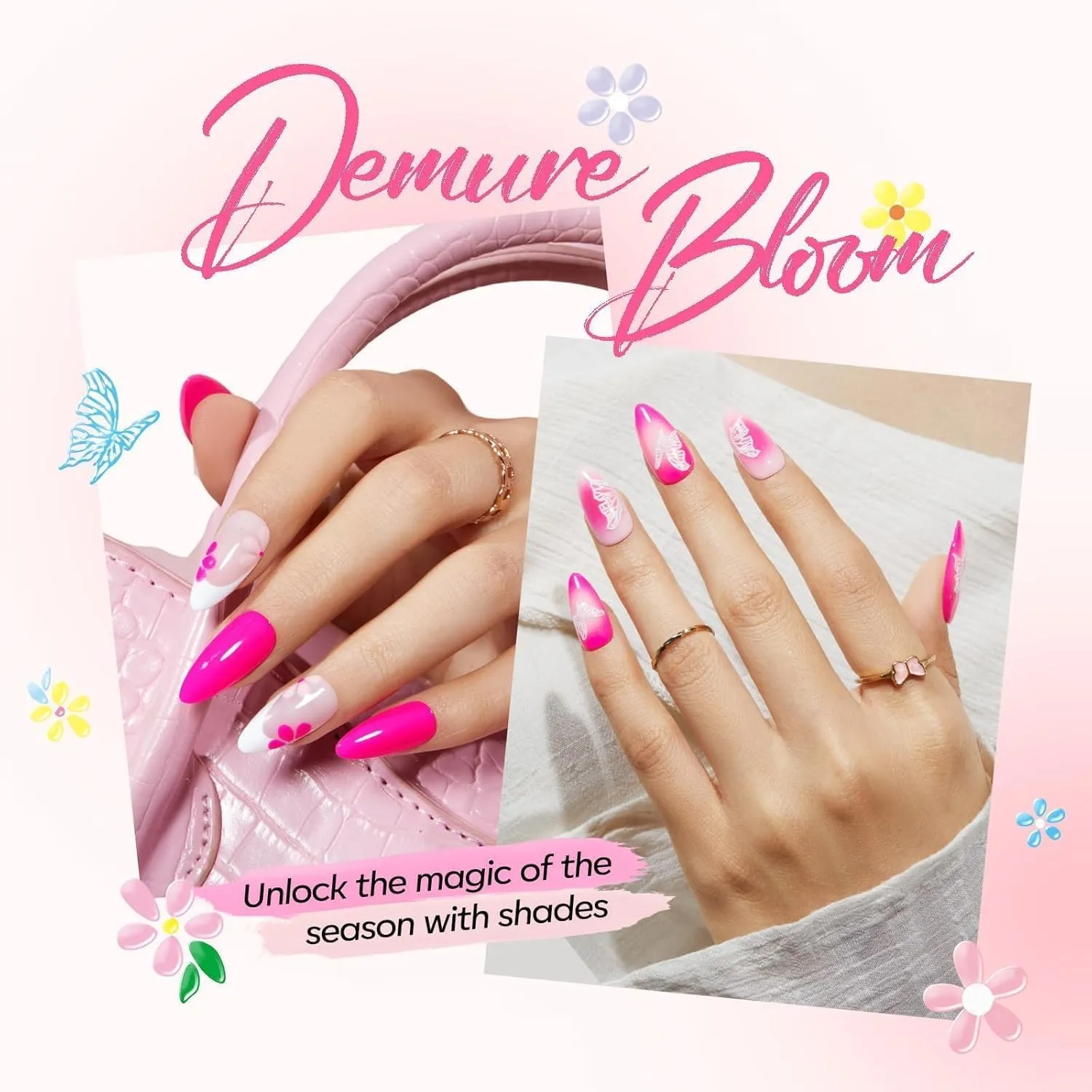 Modelones Summer Gel Nail Polish Kit with U V Light, White Jelly Glitter Hot Pink Neon Pastel Manicure Set, Base Top Coat Flower Stickers 4 Colors Gel Mini Salon Spring Nail Art Starter Gift for Women