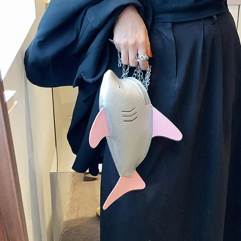 PU Cute Funny 3D Shark Shoulder Crossbody Bag, Creative Cartoon Chain Phone Bag, Animal Style Dolphin Wallet Purse For Women