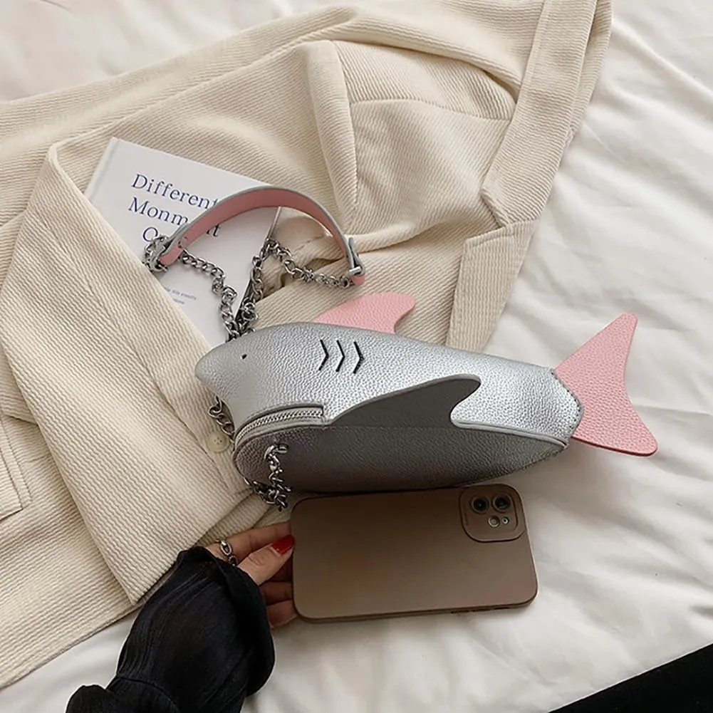 PU Cute Funny 3D Shark Shoulder Crossbody Bag, Creative Cartoon Chain Phone Bag, Animal Style Dolphin Wallet Purse For Women