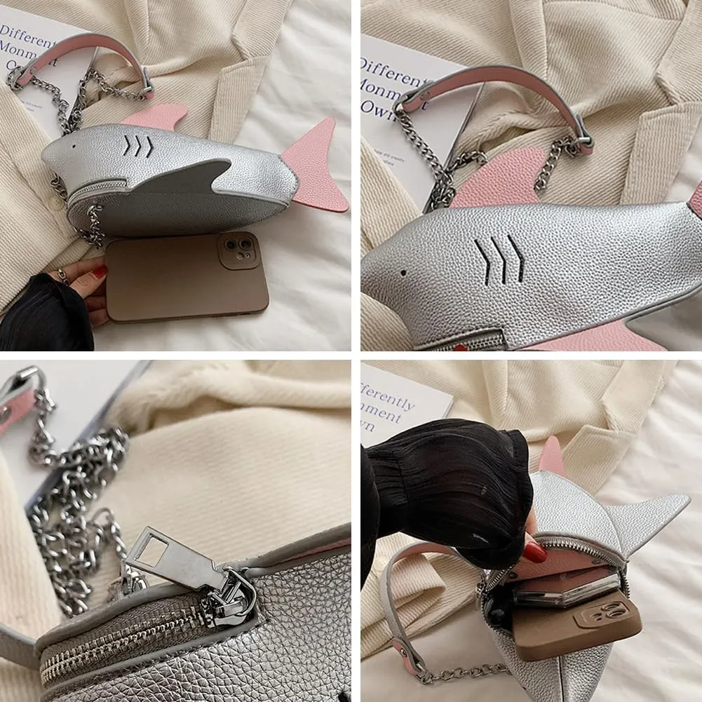 PU Cute Funny 3D Shark Shoulder Crossbody Bag, Creative Cartoon Chain Phone Bag, Animal Style Dolphin Wallet Purse For Women