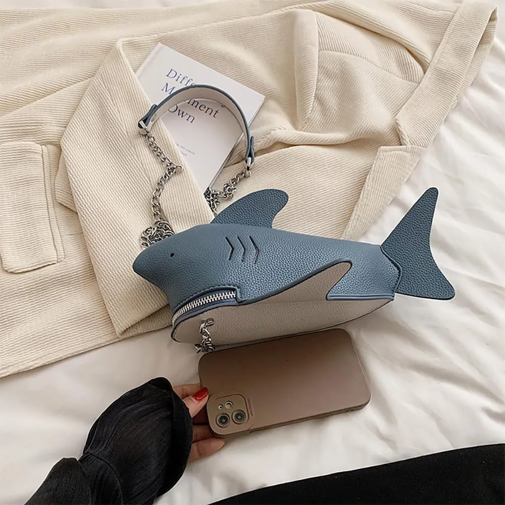 PU Cute Funny 3D Shark Shoulder Crossbody Bag, Creative Cartoon Chain Phone Bag, Animal Style Dolphin Wallet Purse For Women