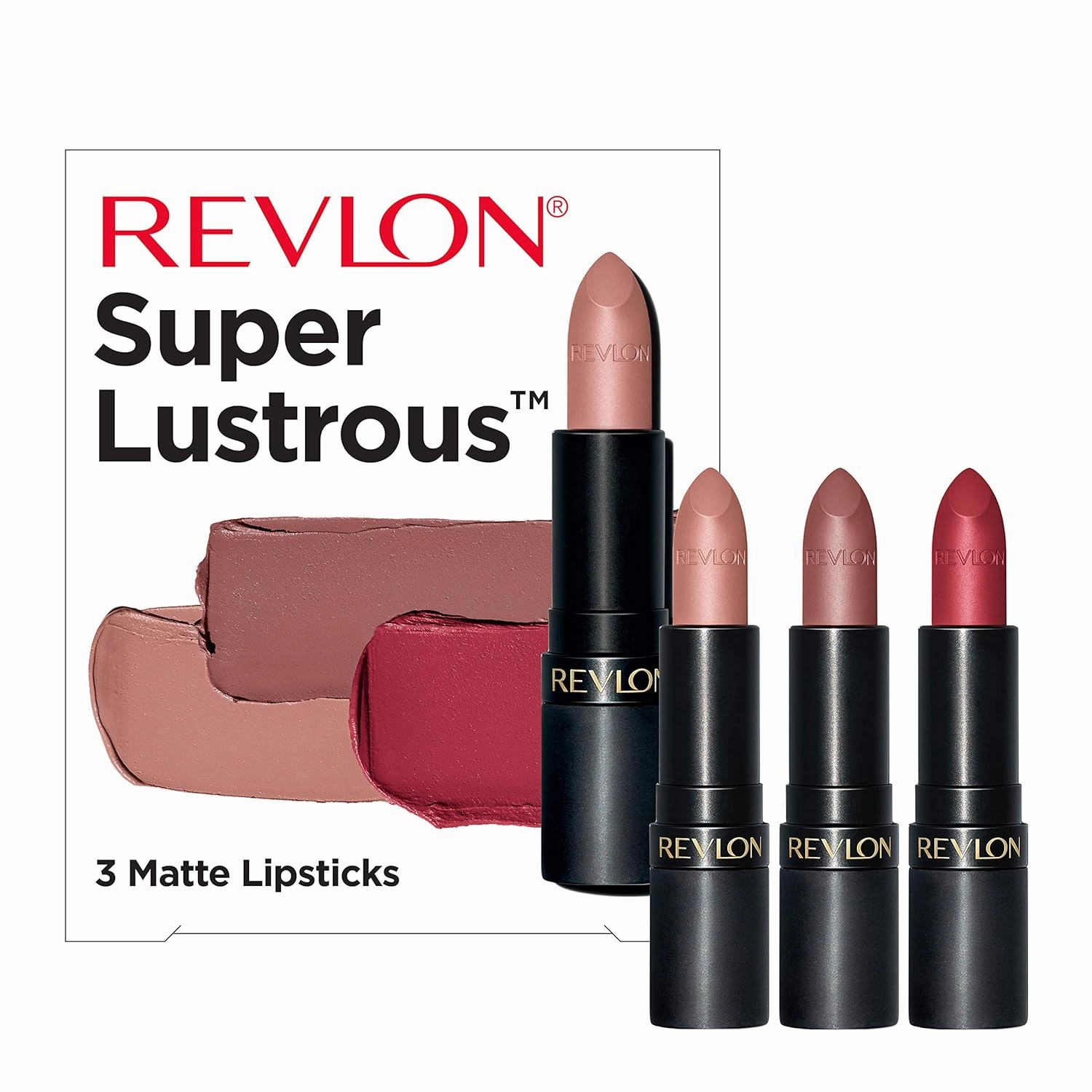 Revlon Super Lustrous 3-Piece Lipstick Gift Set, High Impact, Matte Finish, 003 Pick Me Up, 014 Shameless, 008 Show Off, 0.45 Oz