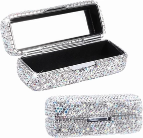 Rhinestone Lipstick Case with Mirror Bling Crystal Lipstick Organizer Portable Lip Gloss Organizer Travel Lipstick Organizer Makeup Cosmetic Storage Holder Lipstick Holder for Girls Women Silver