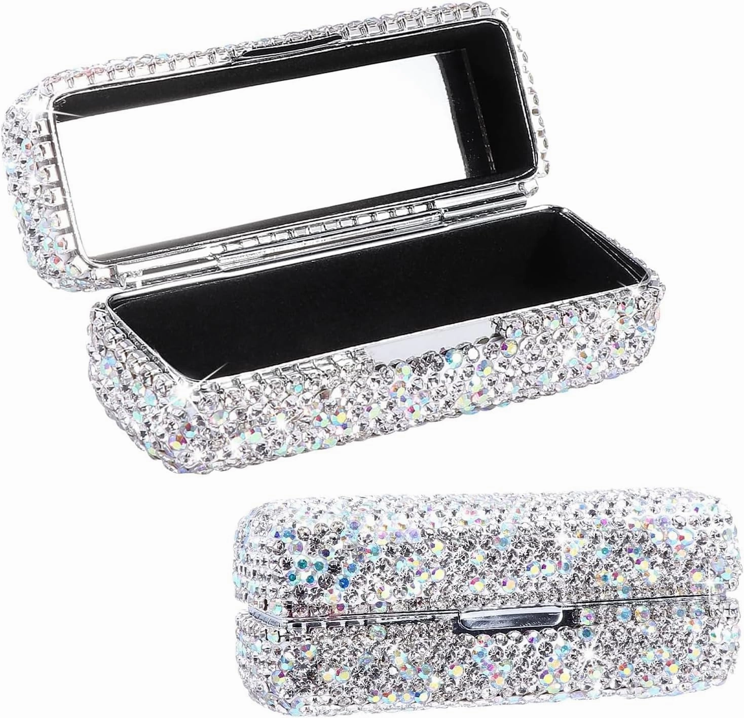 Rhinestone Lipstick Case with Mirror Bling Crystal Lipstick Organizer Portable Lip Gloss Organizer Travel Lipstick Organizer Makeup Cosmetic Storage Holder Lipstick Holder for Girls Women Silver
