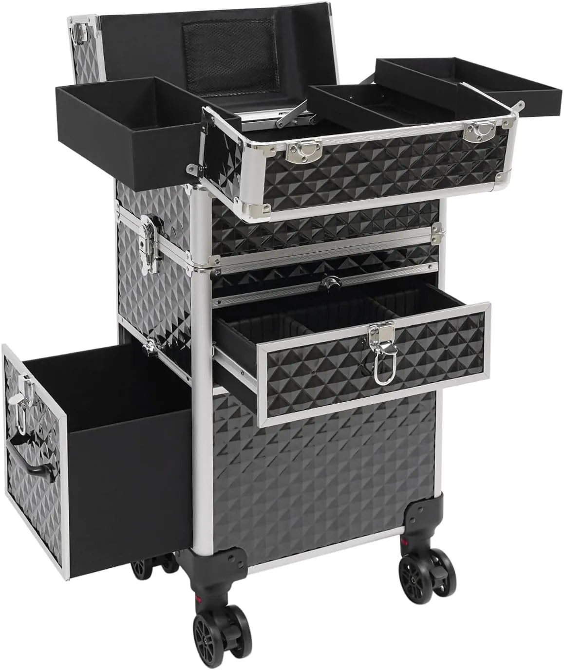 Rolling Makeup Case, Large Makeup Case 13.8X9.8X38.4 Inches ABS & Aluminum Alloy With Wheels & Shoulder Strap For Makeup Artists, Hair Stylists, Travel Storage