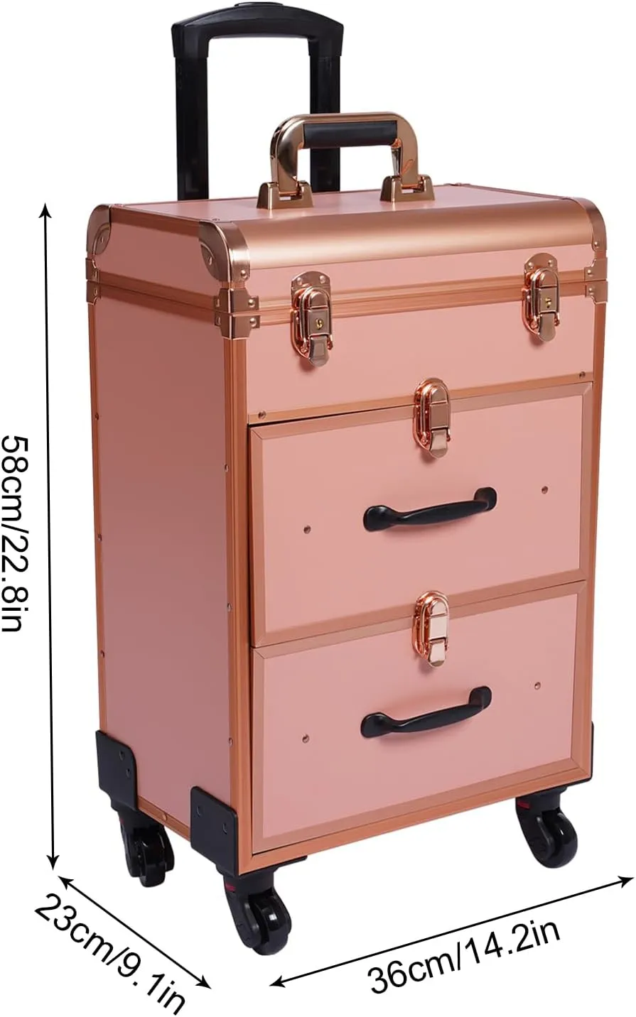 Rolling Makeup Train Case,Cosmetic Storage Organizer,Rolling Trolley Cosmetic Case for Makeup Artist Nail Technician,Black (Gold)
