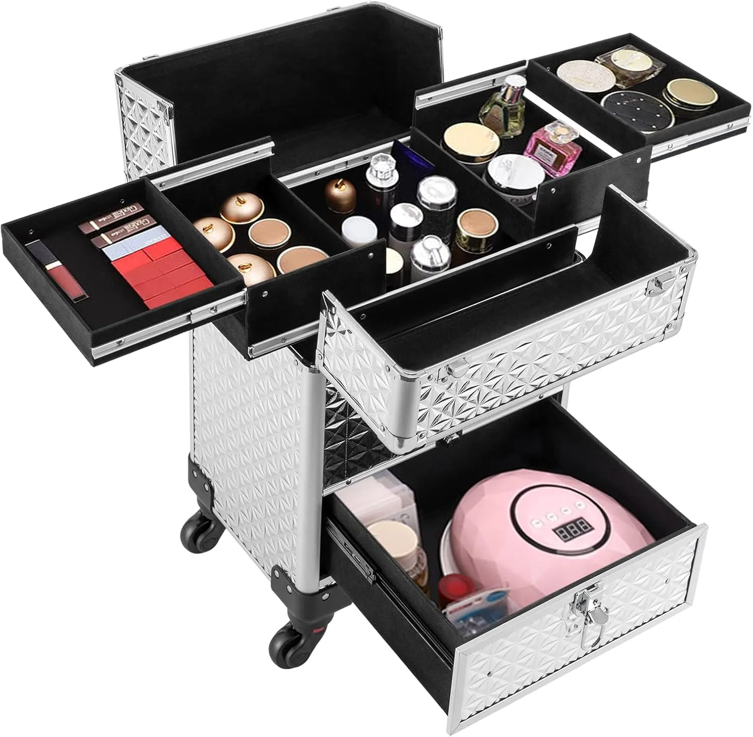 Rolling Makeup Train Case,Professional Makeup Trolley with Drawer,Rolling Nail Case Wheeled Manicure Storage Case for Hair Stylists,Pet Groomers,Makeup Artists (Sliver)