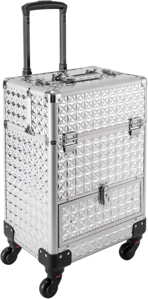 Rolling Makeup Train Case,Professional Makeup Trolley with Drawer,Rolling Nail Case Wheeled Manicure Storage Case for Hair Stylists,Pet Groomers,Makeup Artists (Sliver)