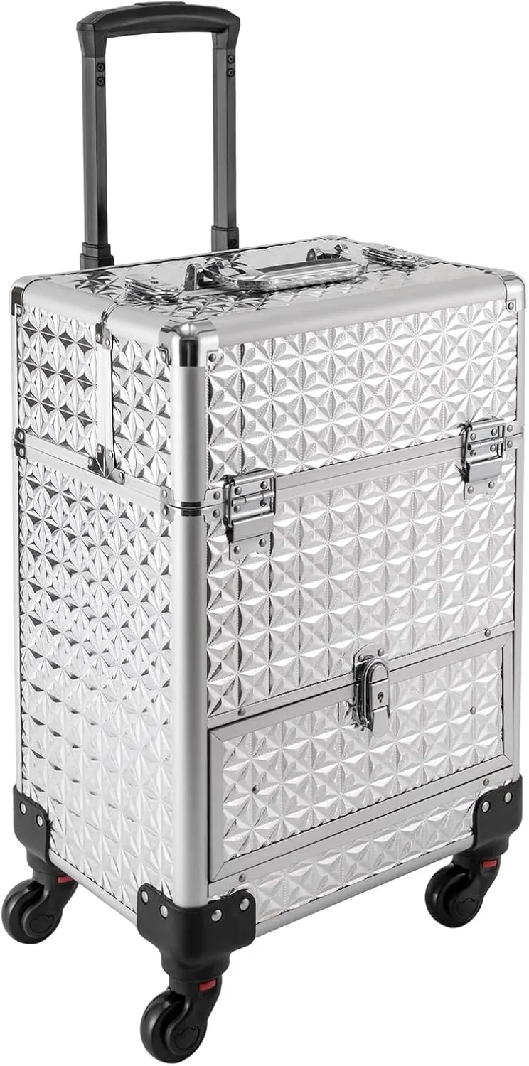 Rolling Makeup Train Case,Professional Makeup Trolley with Drawer,Rolling Nail Case Wheeled Manicure Storage Case for Hair Stylists,Pet Groomers,Makeup Artists (Sliver)